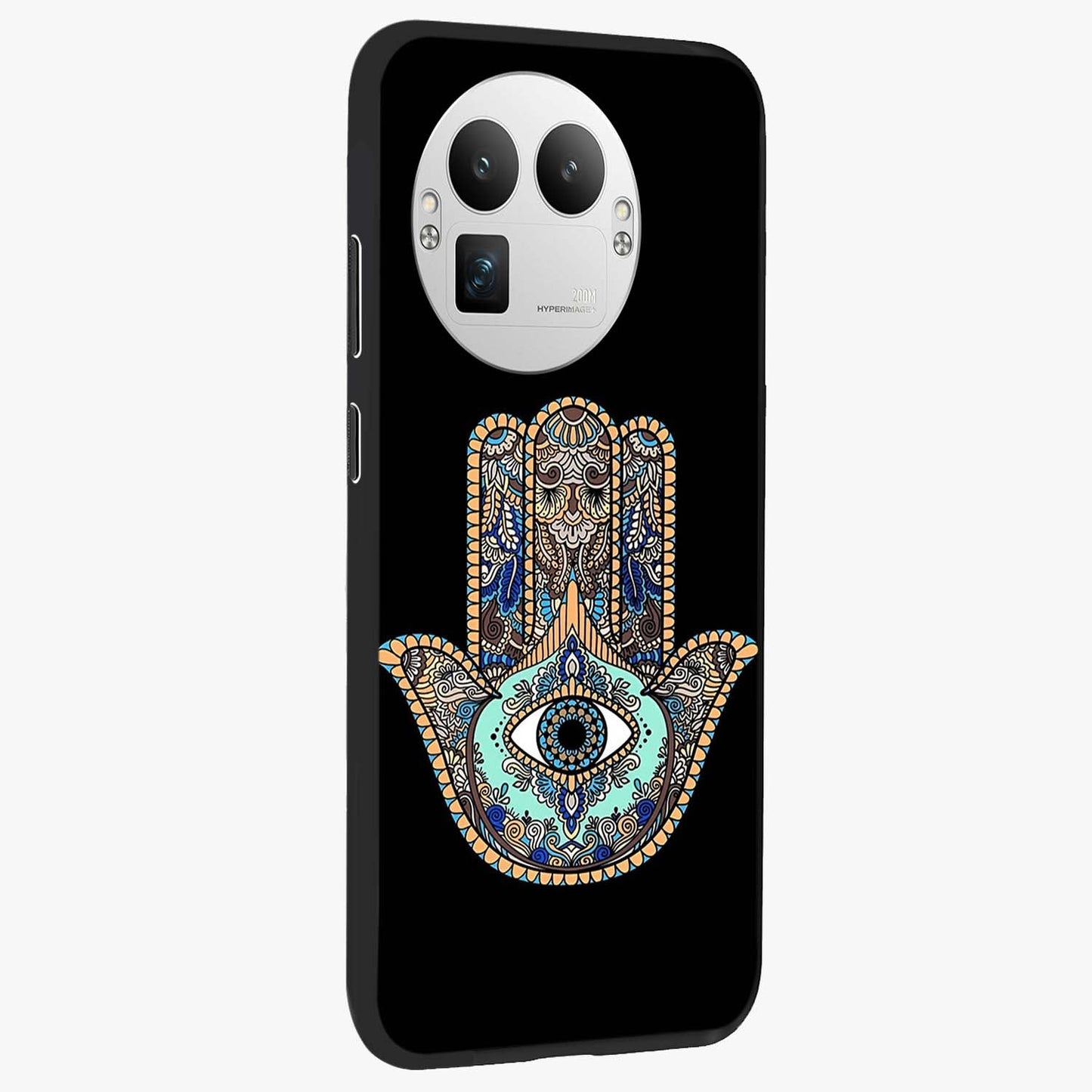 Mystic Hamsa Eye Glass Case upright view showcasing detailed hamsa eye artwork with protective spiritual theme.