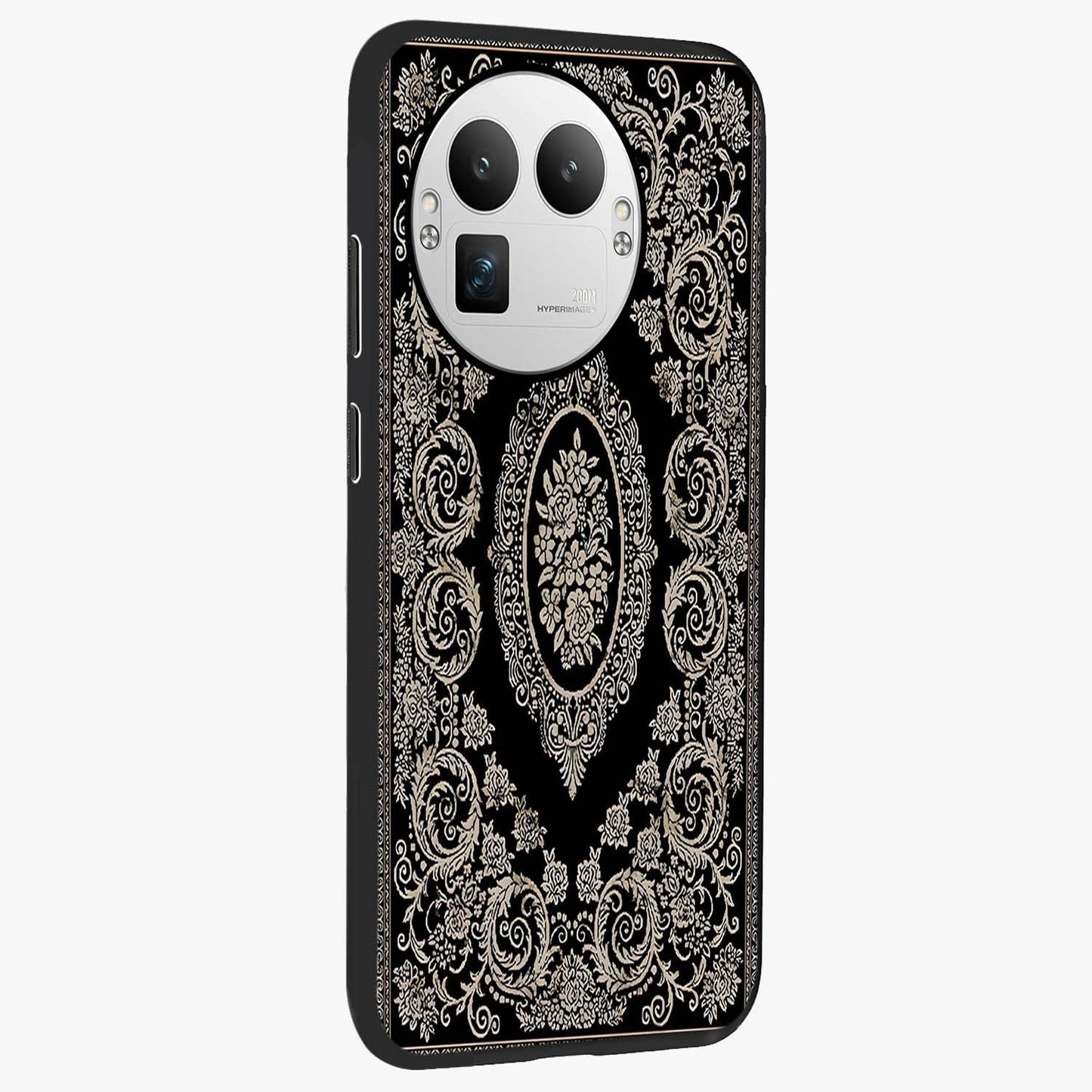 Noir Bloom Elegance Glass Case upright view showcasing graceful floral artwork with luxurious dark theme.