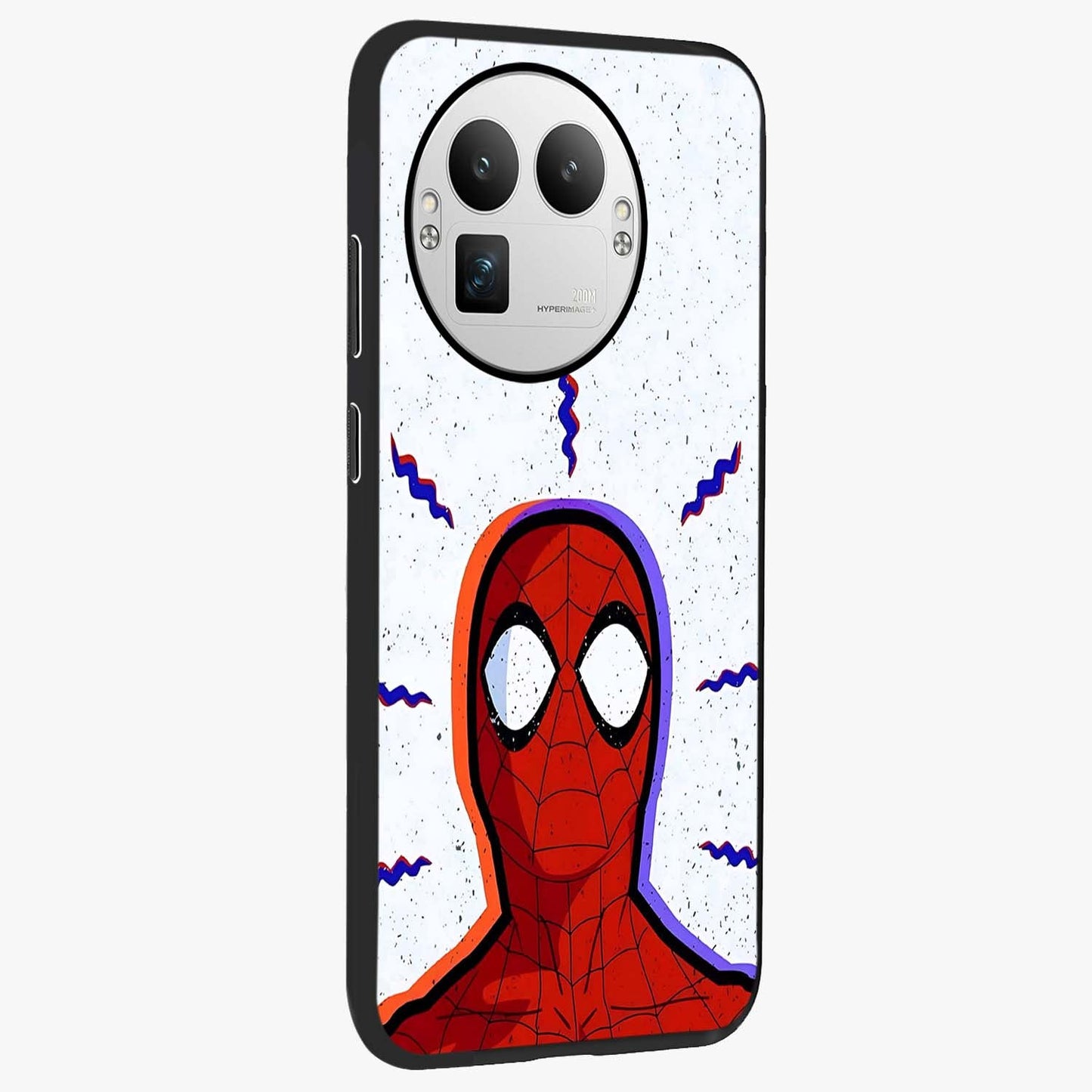 Omg Spiderman Glass Case upright view showcasing energetic superhero artwork with vibrant comic theme.