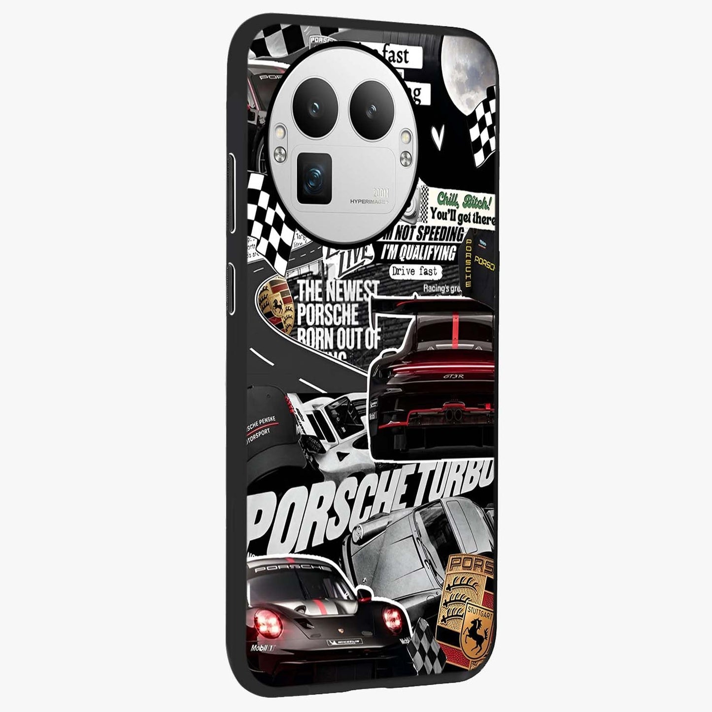Porsche Racing Collage Glass Case upright view showcasing energetic car collage artwork with high speed racing theme.