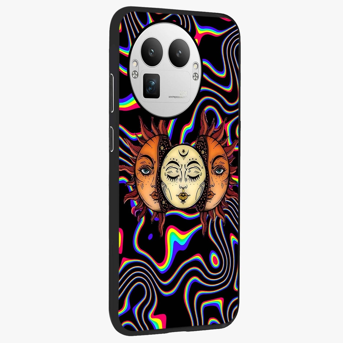 Psychedelic Sun Glass Case upright view showcasing trippy sun artwork with bold psychedelic theme.
