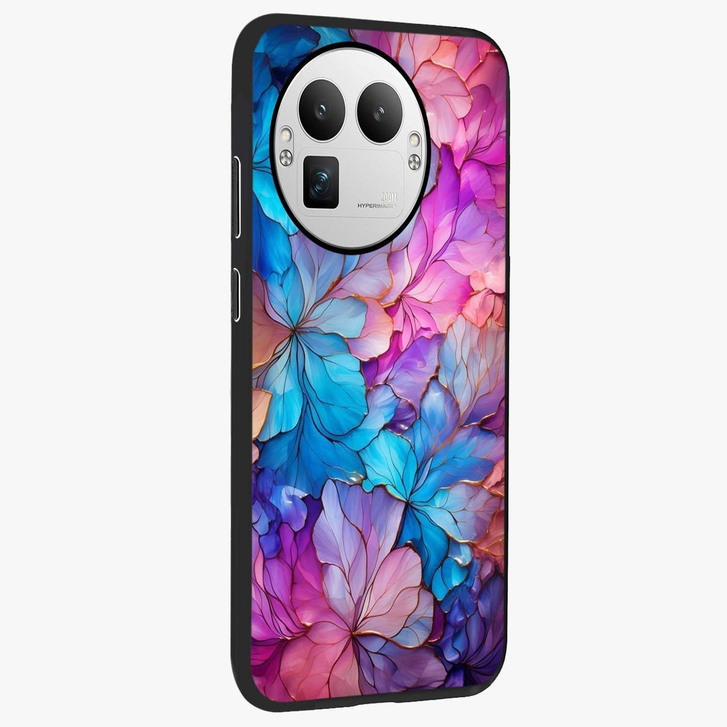 Radiant Floral Whirl Glass Case upright view showcasing lively floral artwork with decorative swirl theme.