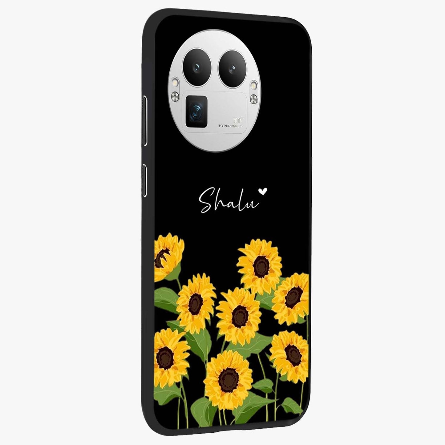 Sunflower Chic Mood Custom Name Glass Case upright view showcasing cheerful sunflower artwork with trendy floral theme.