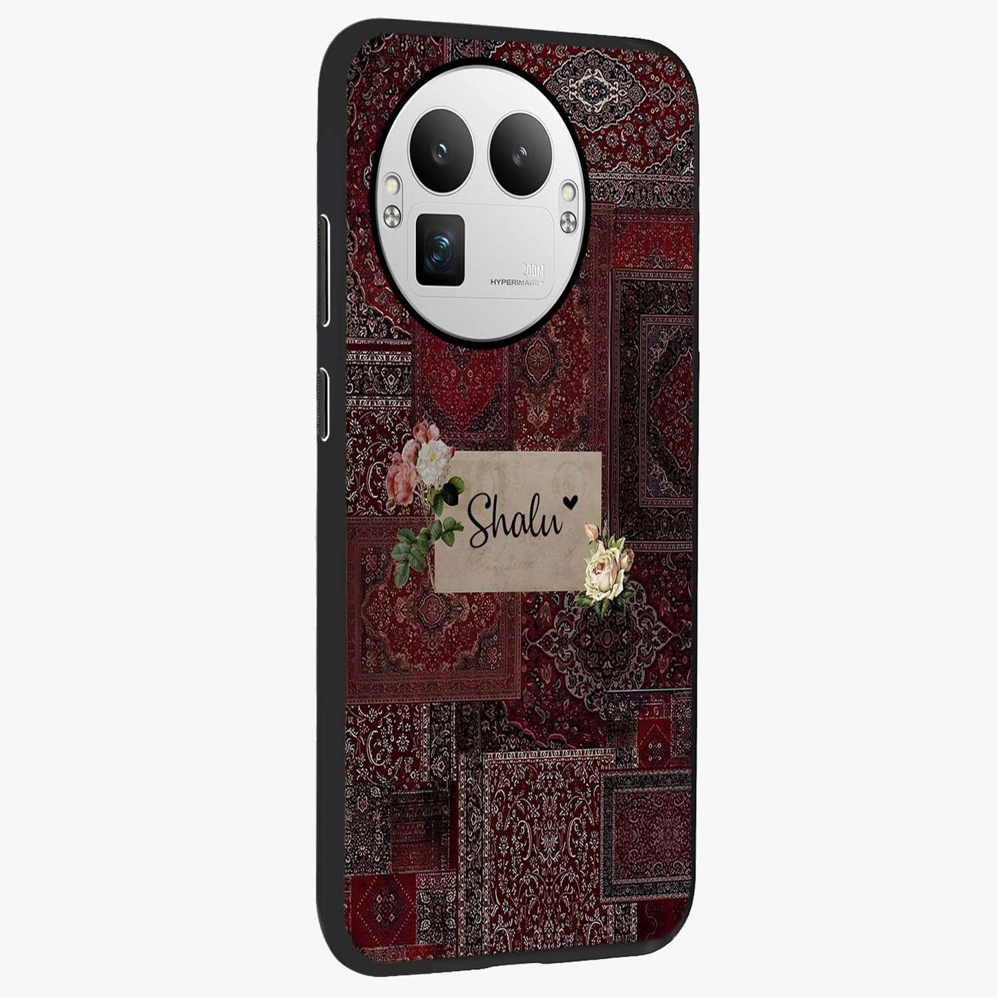 Velvet Wine Pattern Custom Name Glass Case upright view showcasing luxurious wine toned artwork with personalized aesthetic.