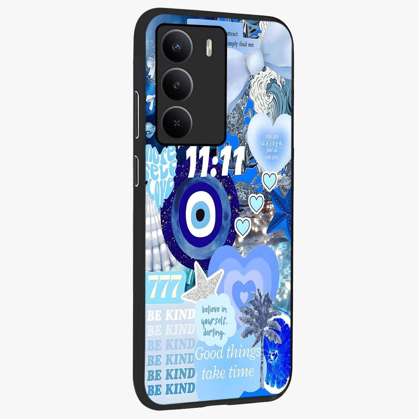 Aesthetic Be Kind Eye Glass Case upright view showcasing stylish eye illustration with positive message theme.