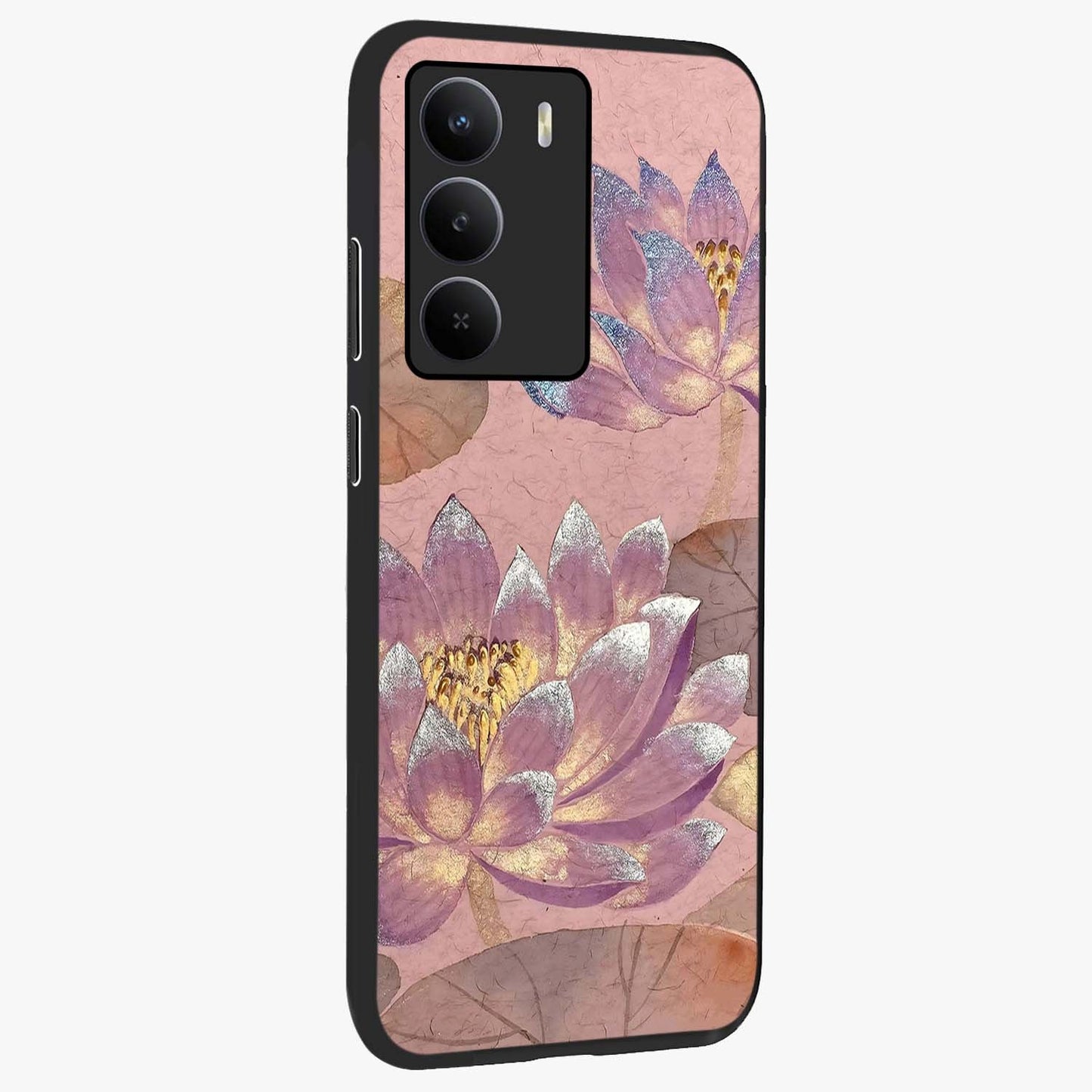 Blossom Mist Lotus Glass Case upright view showcasing graceful lotus flower design with peaceful botanical style.