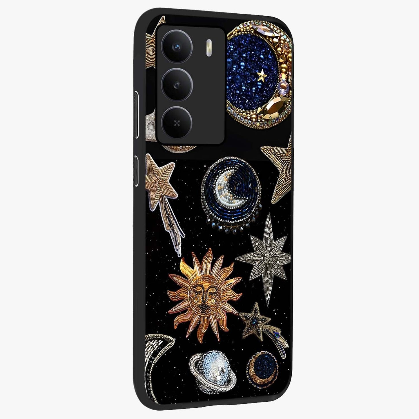 Celestial Gem Constellations Glass Case upright view showcasing cosmic constellation artwork with celestial aesthetic style.