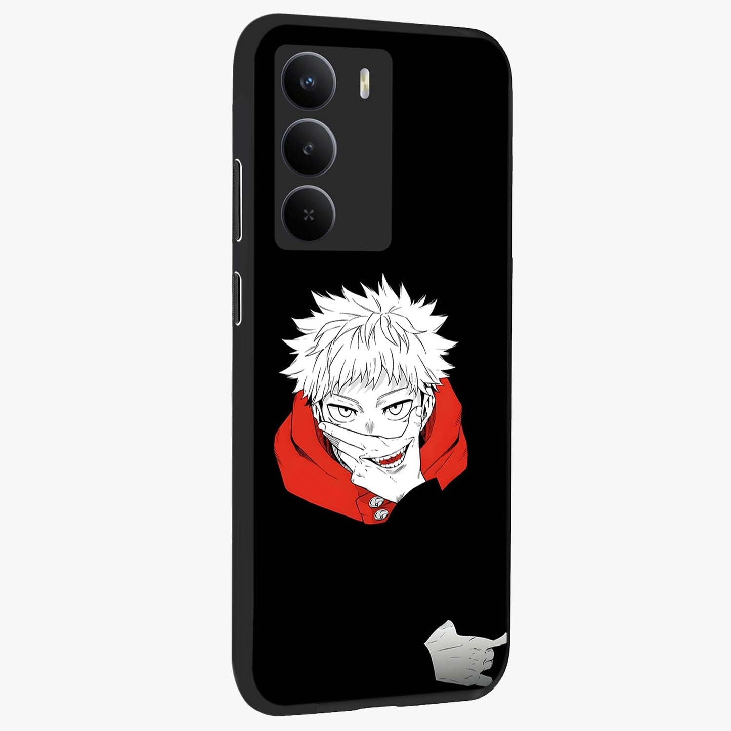 Crimson Chaos Smile Glass Case upright view showcasing expressive chaotic artwork with striking visual theme.