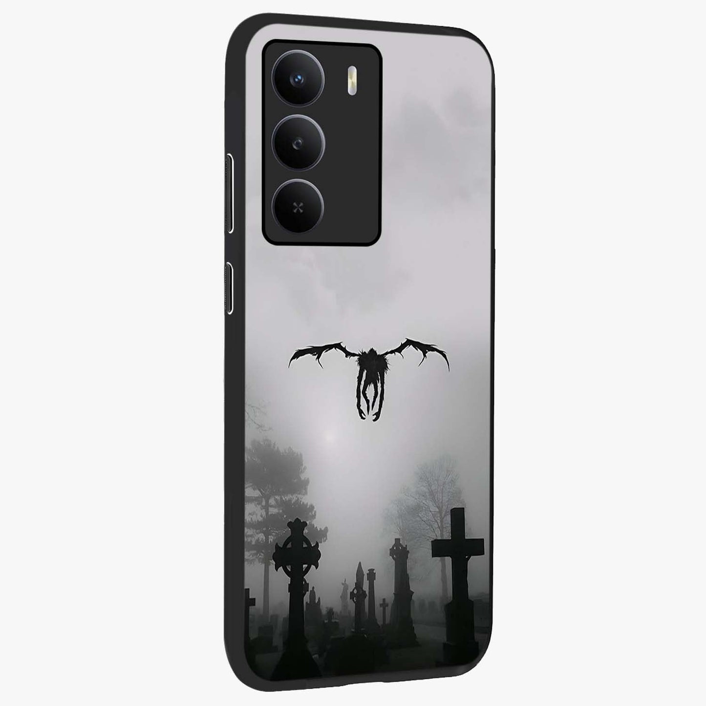 Graveyard Shadow Descent Glass Case upright view showcasing haunting graveyard artwork with dramatic dark theme.