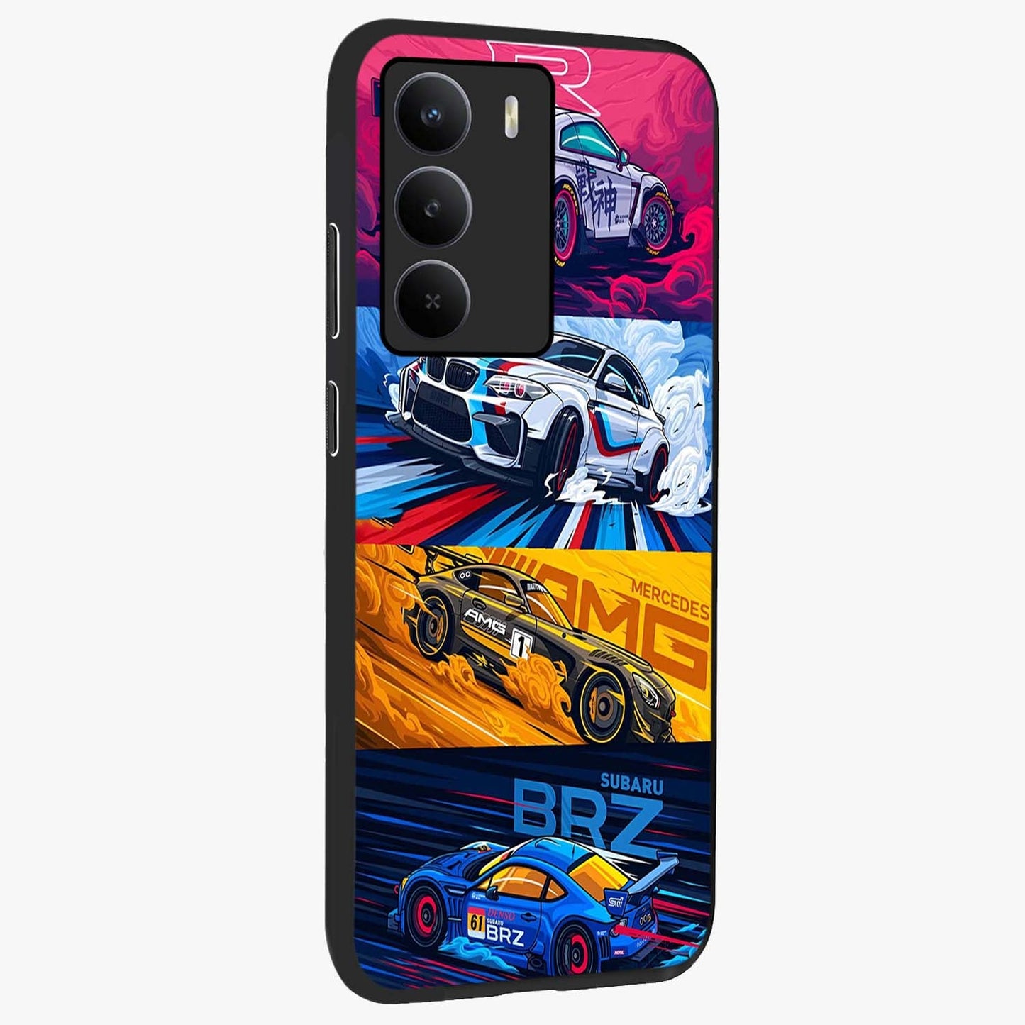 JDM Sports Car Glass Case upright view showcasing dynamic sports car artwork with bold racing theme.
