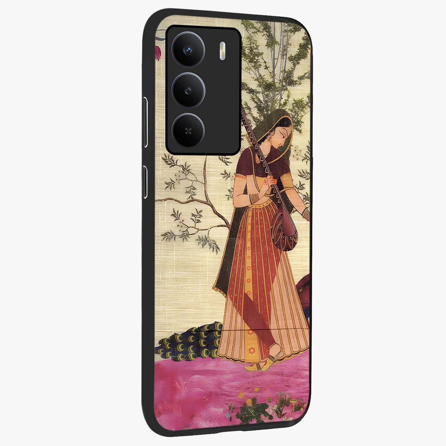 Lady With Veena Art Glass Case upright view showcasing classical veena artwork with traditional artistic theme.