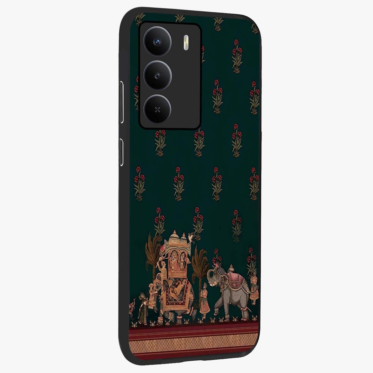 Macmerise Glass Case upright view showcasing bold artistic artwork with contemporary design theme.