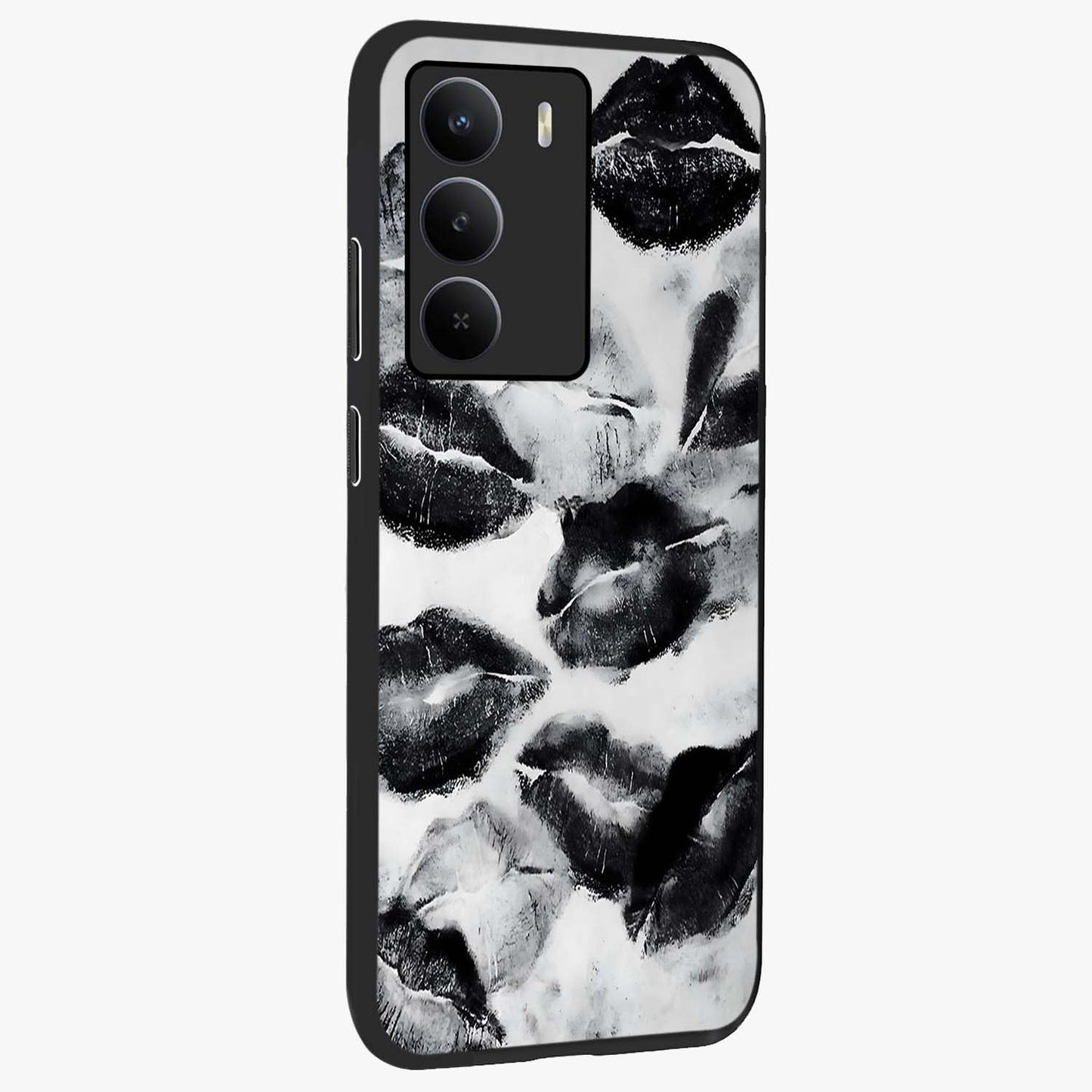 Midnight Kiss Marks Glass Case upright view showcasing stylish kiss mark artwork with trendy romantic theme.
