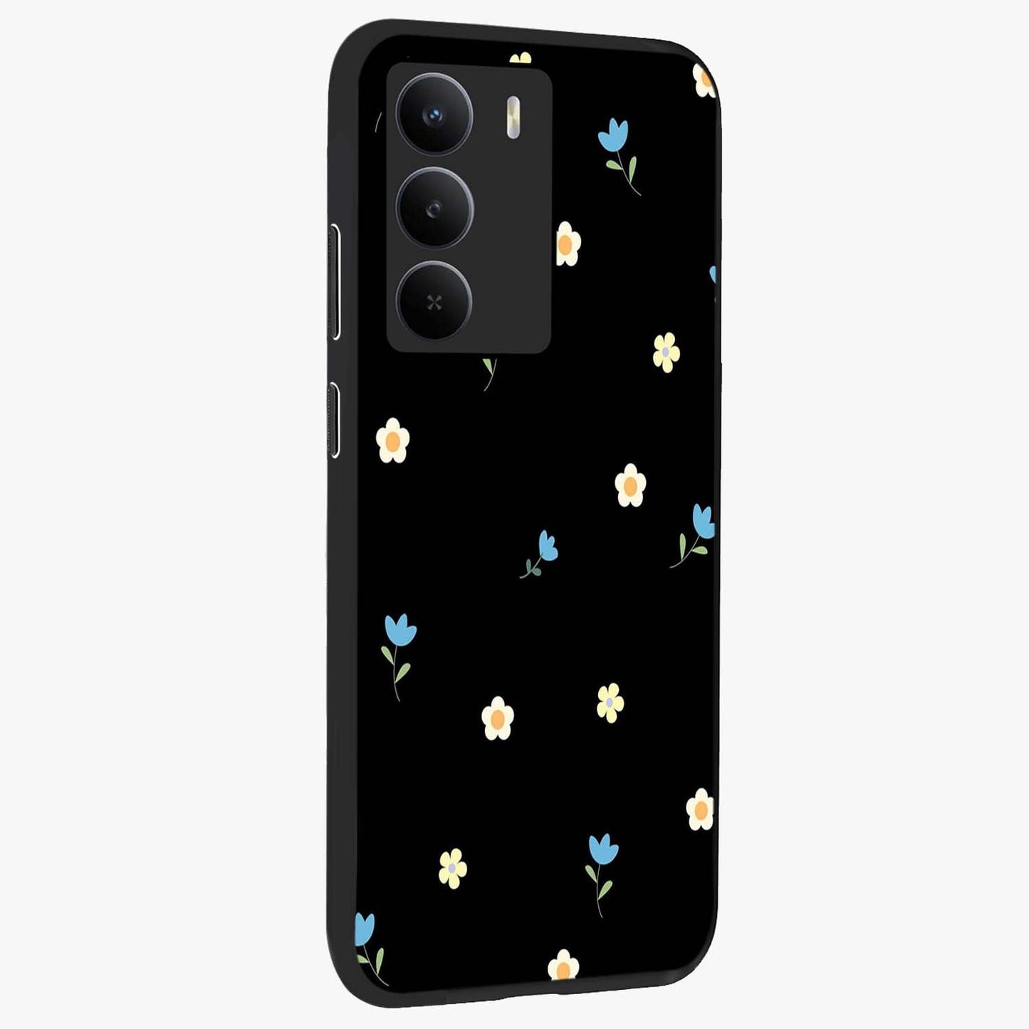 Minimal Petal Whispers Glass Case upright view showcasing elegant floral artwork with modern minimalist style.