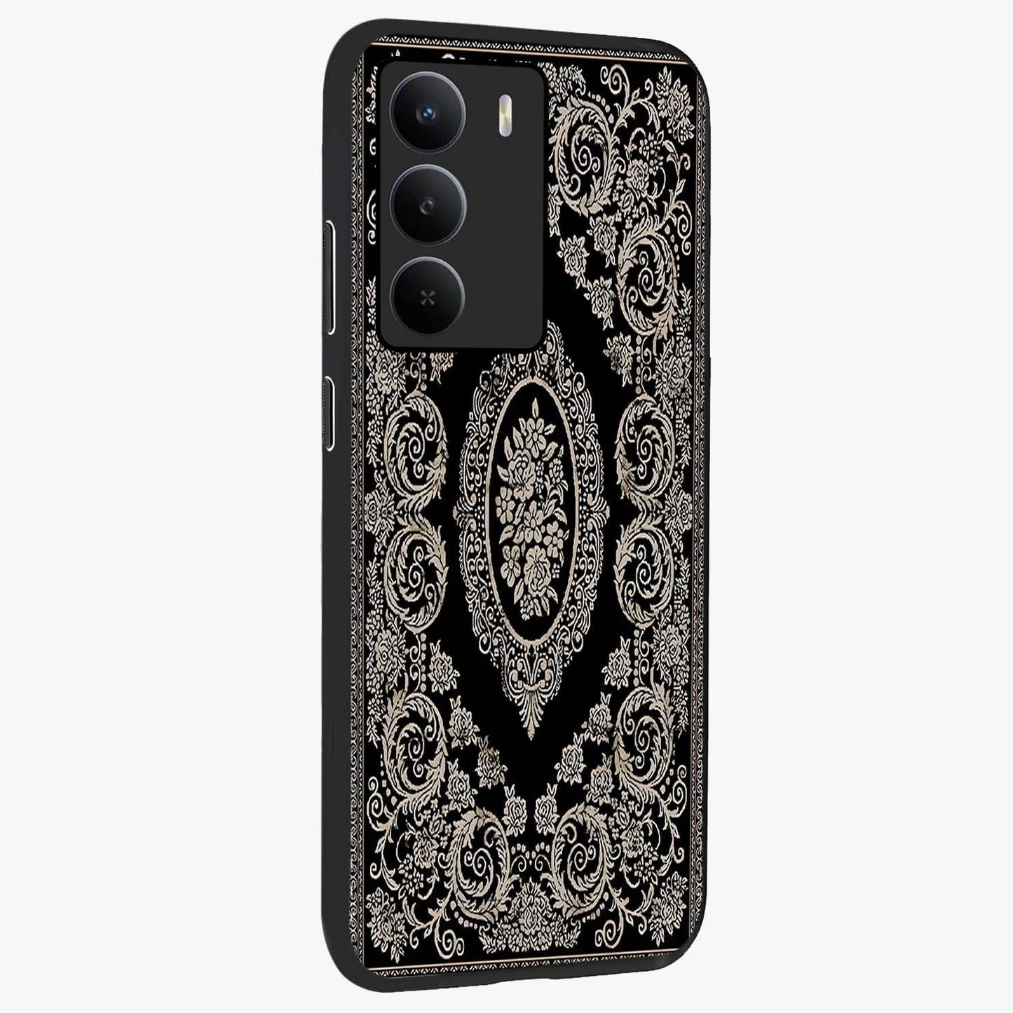 Noir Bloom Elegance Glass Case upright view showcasing graceful floral artwork with luxurious dark theme.