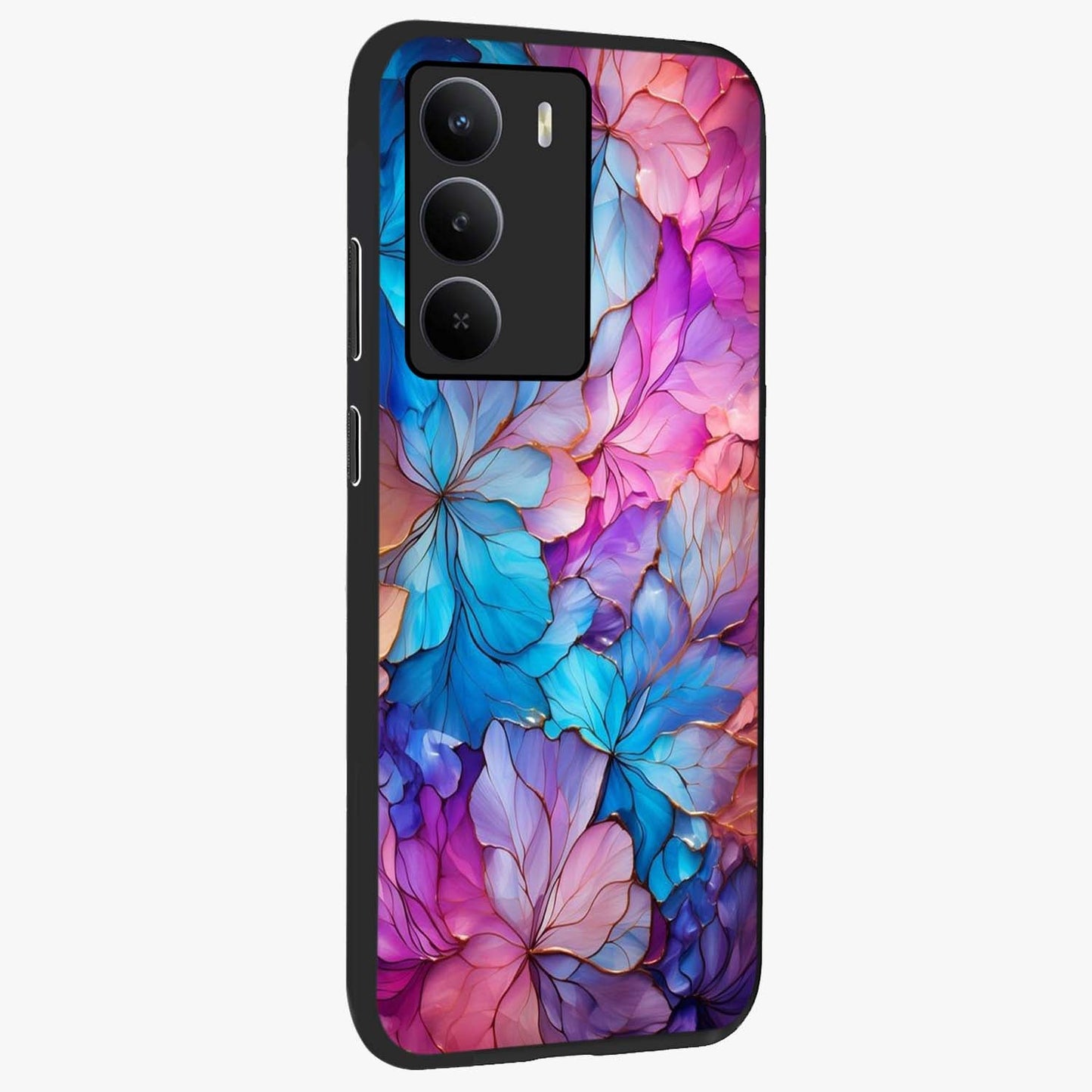 Radiant Floral Whirl Glass Case upright view showcasing lively floral artwork with decorative swirl theme.
