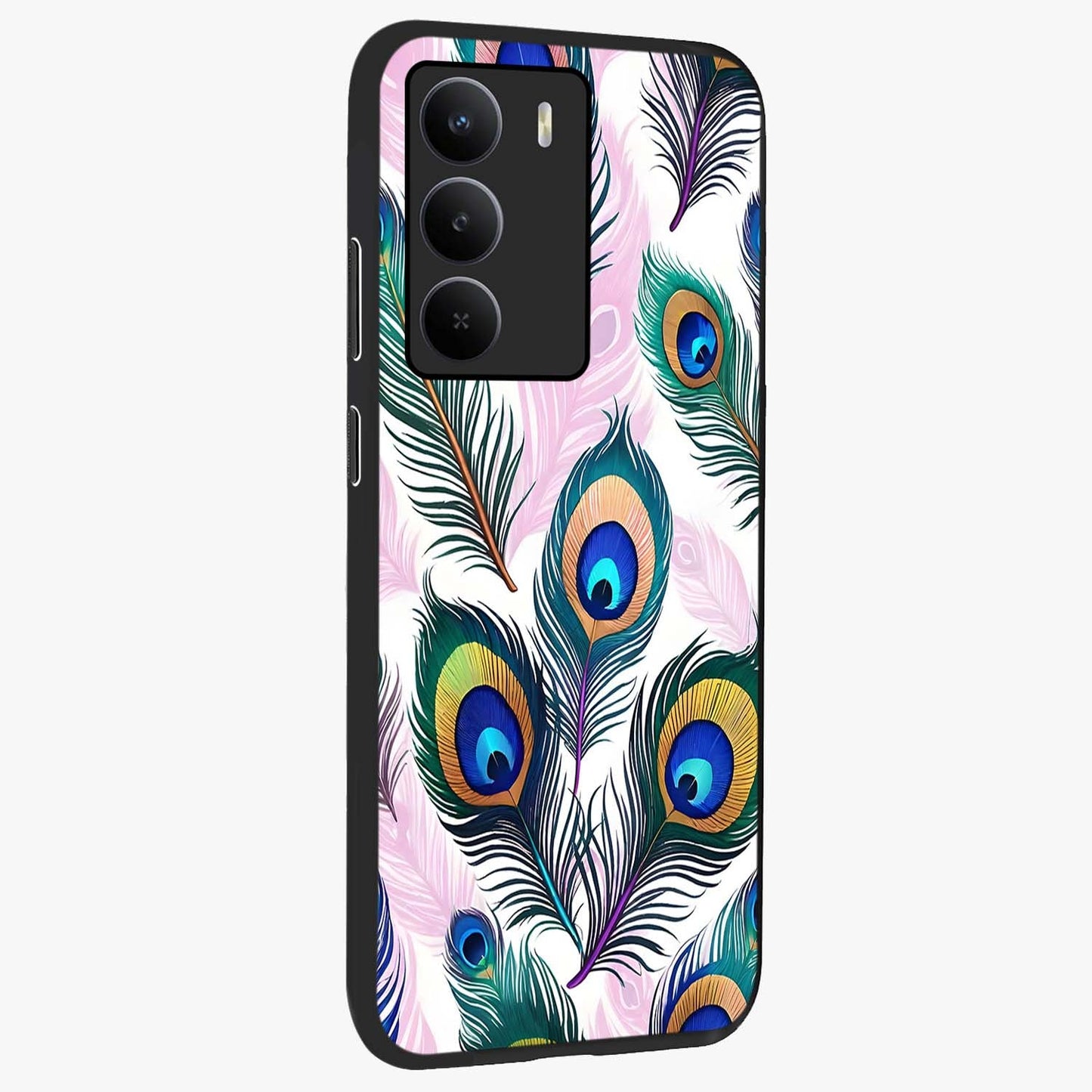 Royal Peacock Feathers Glass Case upright view showcasing elegant peacock feather artwork with decorative royal theme.