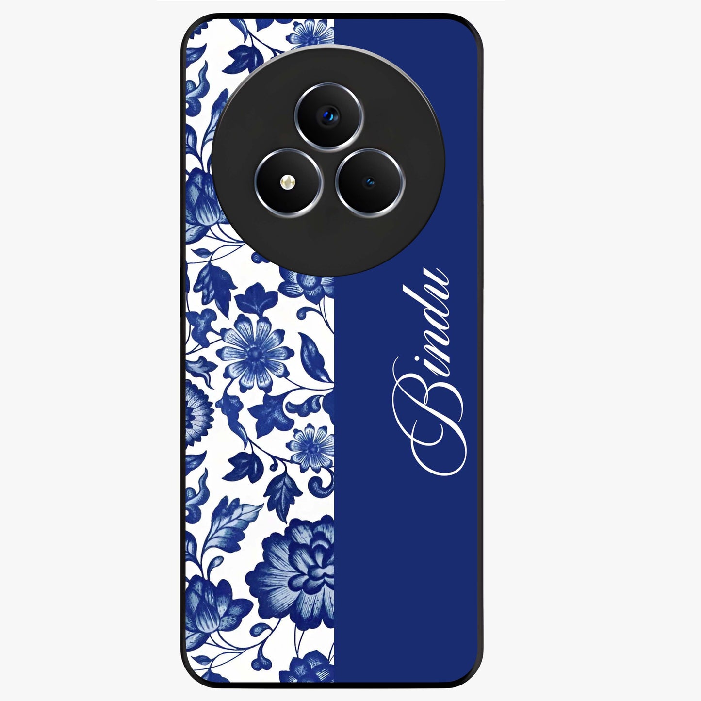 Blue Vintage Floral Pattern Glass Case upright view showcasing timeless floral illustration with vintage inspired style.