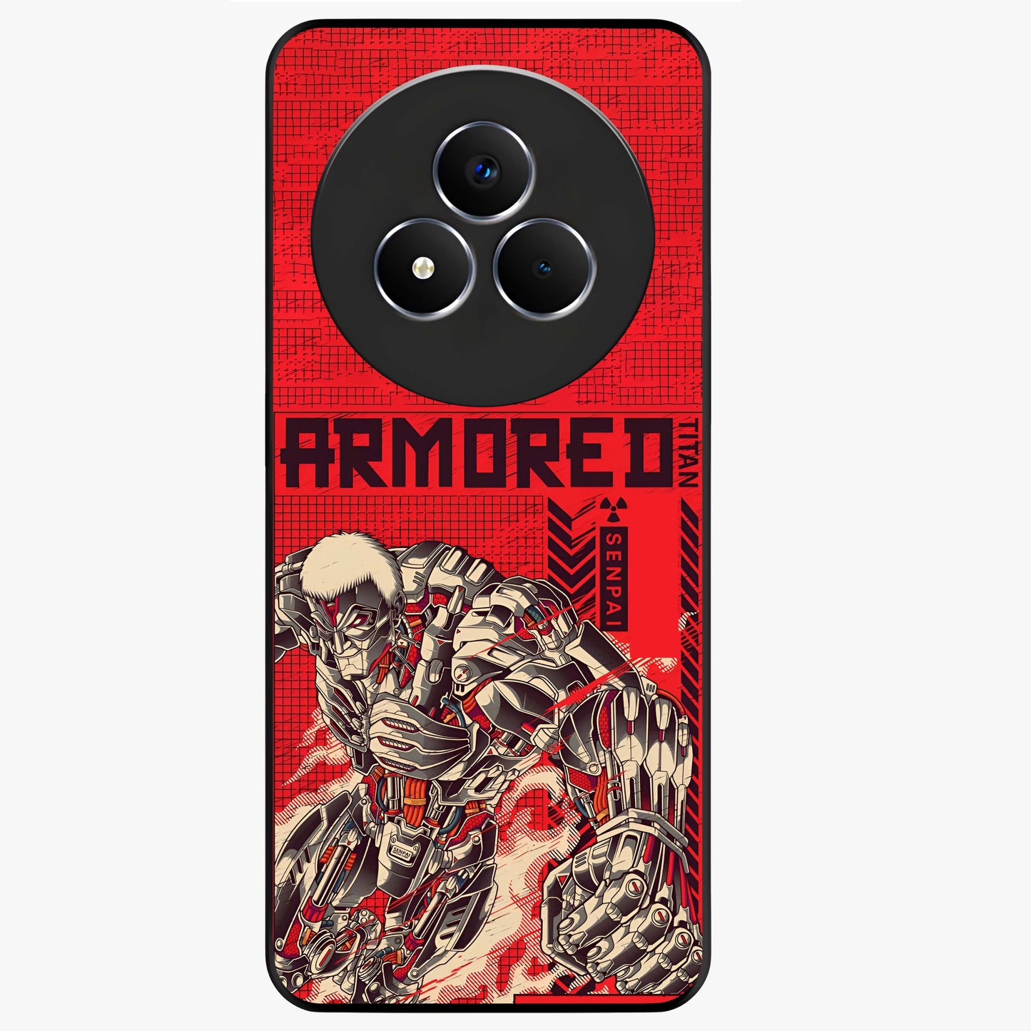 Crimson Mecha Titan Glass Case showing flat back view with powerful mech titan artwork and glossy glass finish.