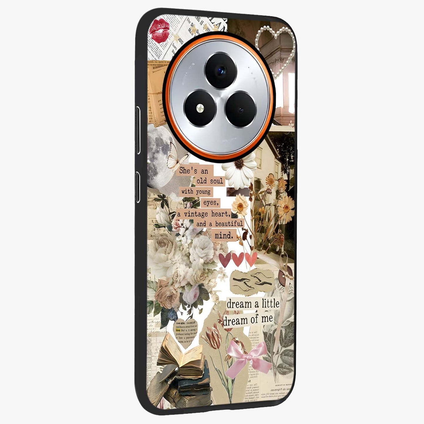 Aesthetic Brown Vintage Collage Glass Case upright view showcasing nostalgic retro artwork with stylish vintage theme.