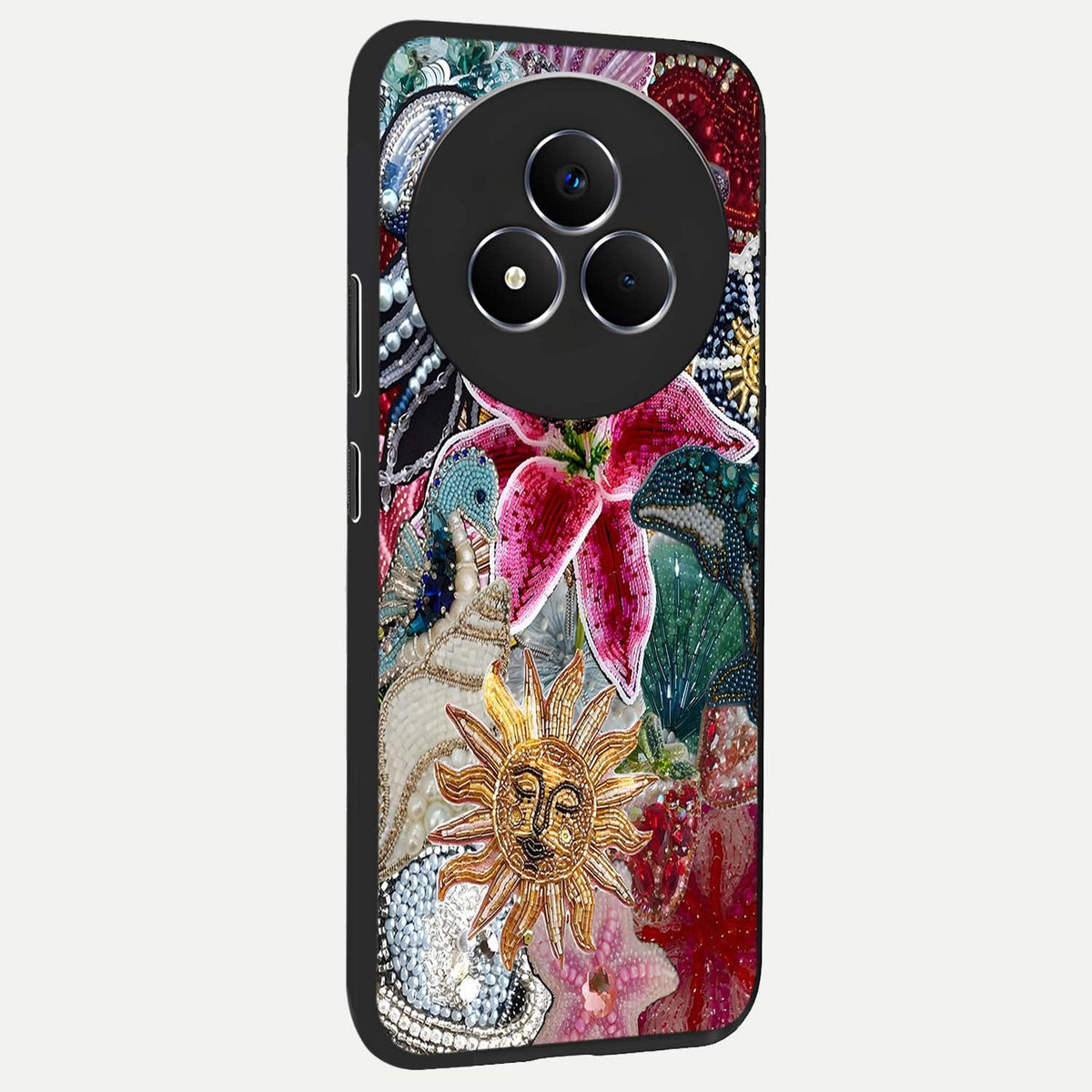 Beaded Garden Fantasy Glass Case upright view showcasing whimsical garden aesthetic with artistic bead details.