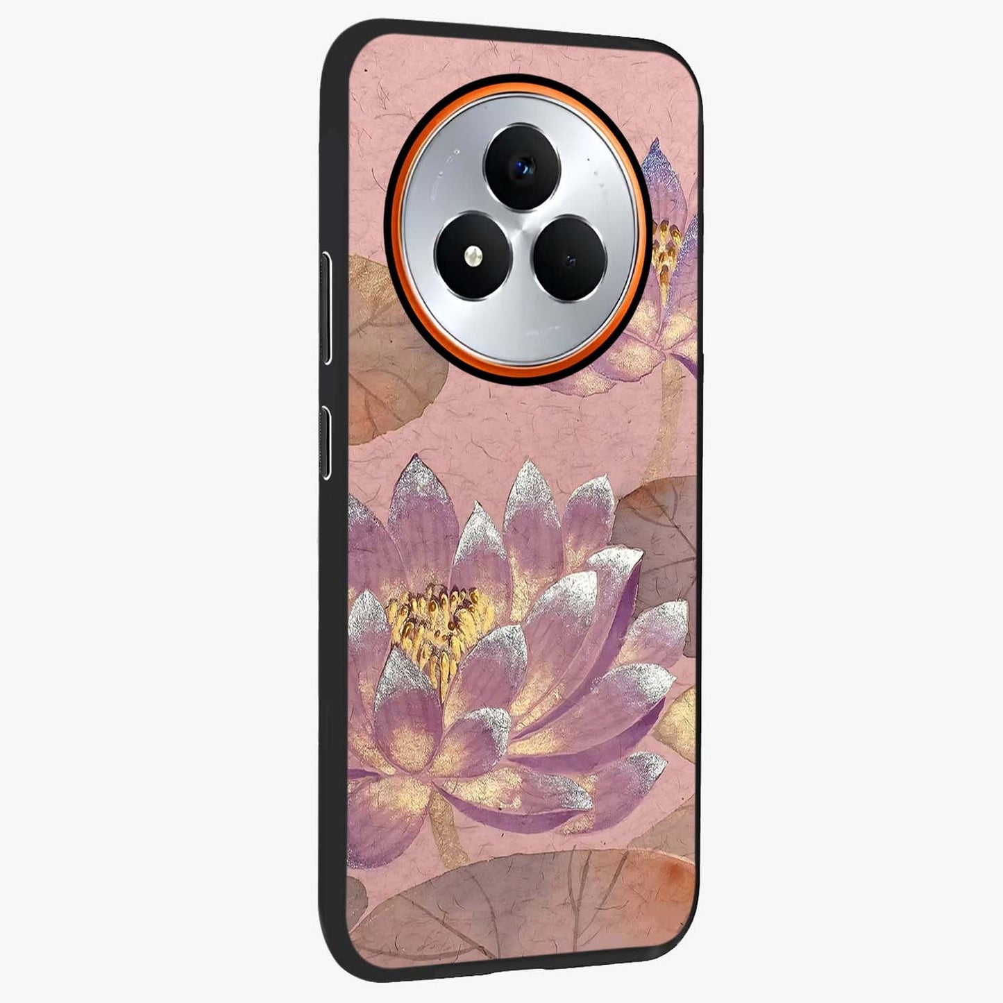 Blossom Mist Lotus Glass Case upright view showcasing graceful lotus flower design with peaceful botanical style.