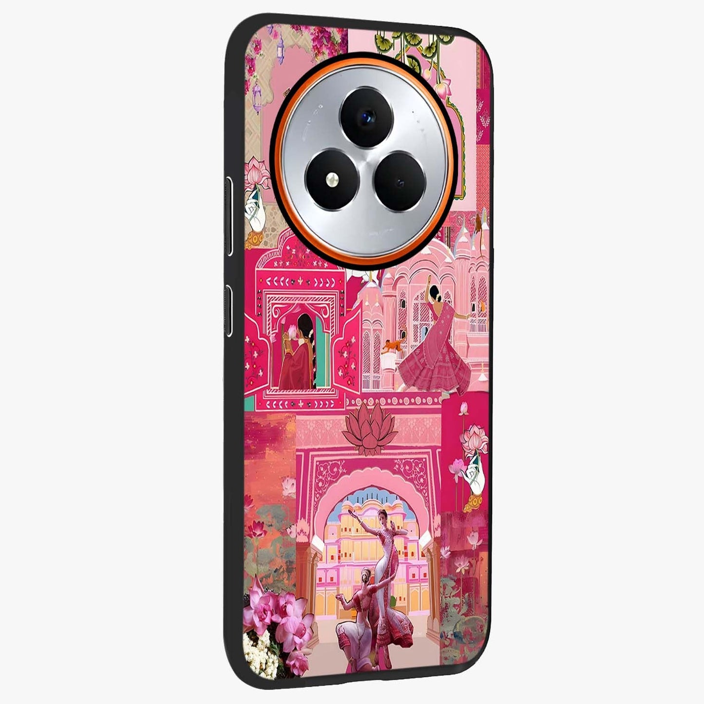 Blossoms of Rajasthan Glass Case upright view showcasing colorful floral design inspired by traditional Indian art.