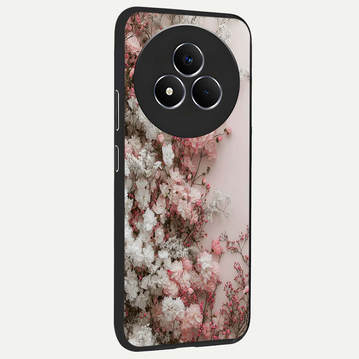 Blush Blossom Cloud Glass Case upright view showcasing calm floral cloud artwork with gentle dreamy theme.