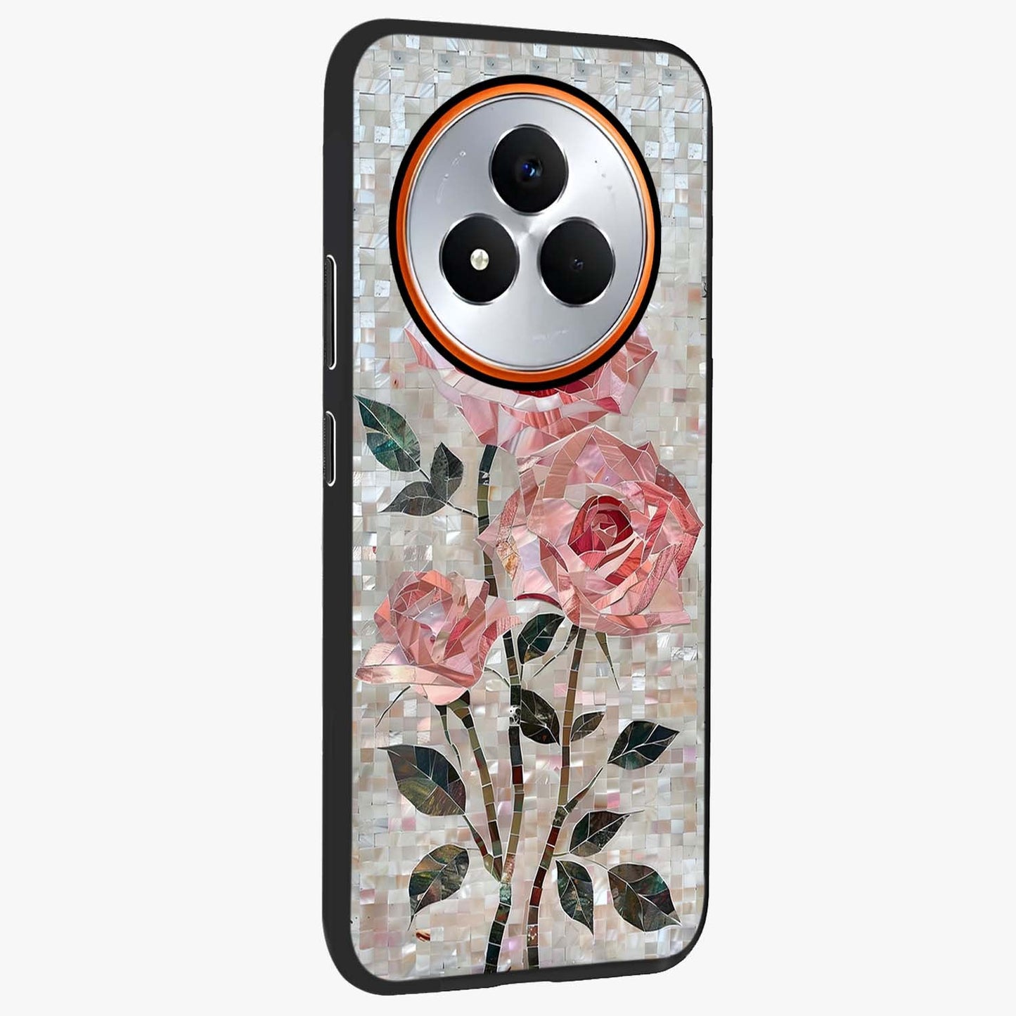 Blush Mosaic Bloom Glass Case upright view showcasing decorative floral mosaic artwork with stylish modern aesthetic.