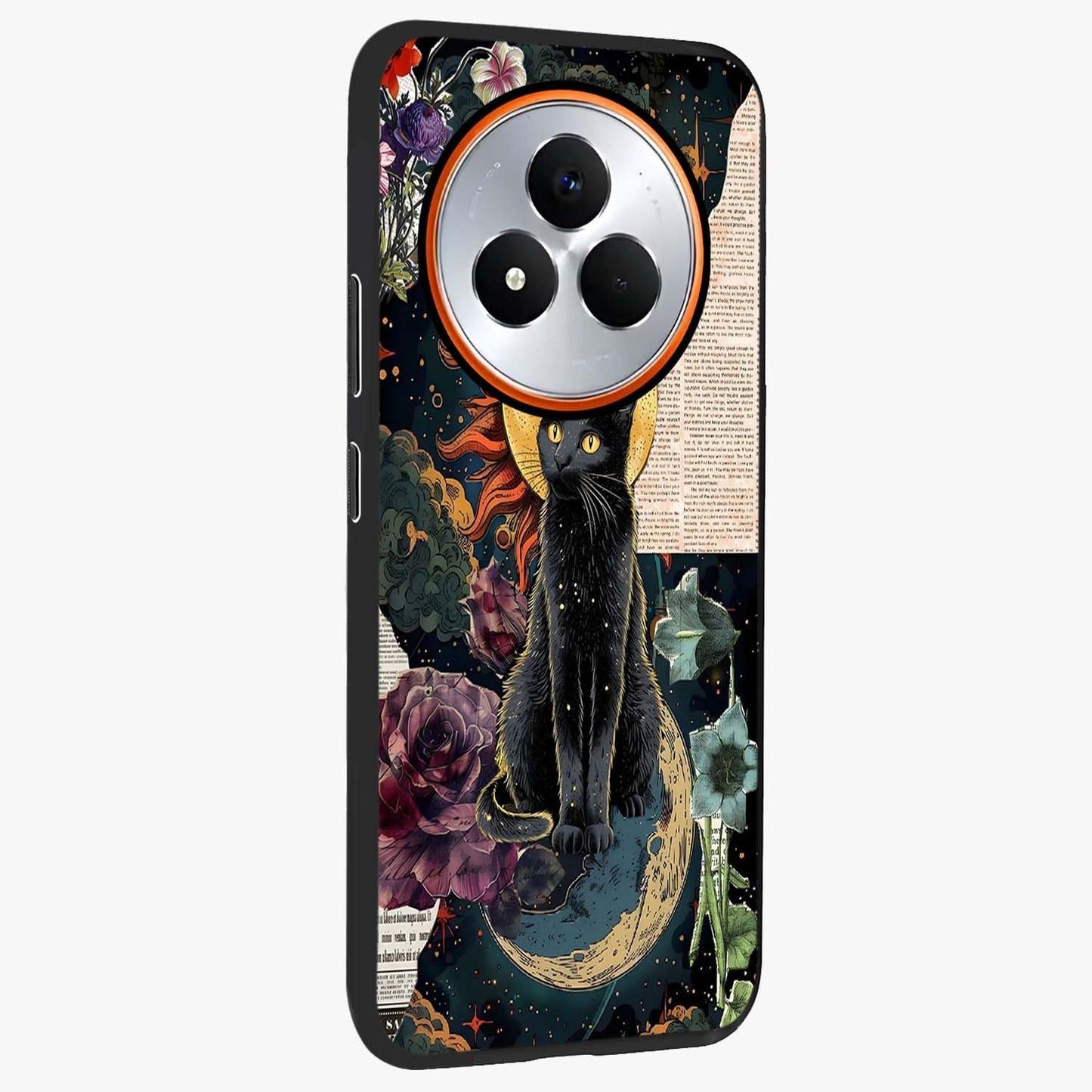 Celestial Black Cat Glass Case upright view showcasing magical black cat illustration with starry cosmic theme.