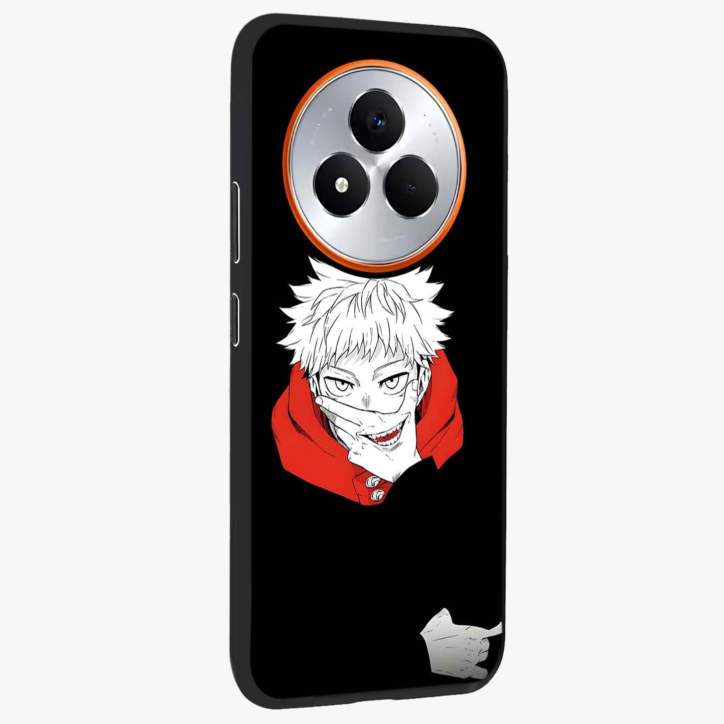 Crimson Chaos Smile Glass Case upright view showcasing expressive chaotic artwork with striking visual theme.