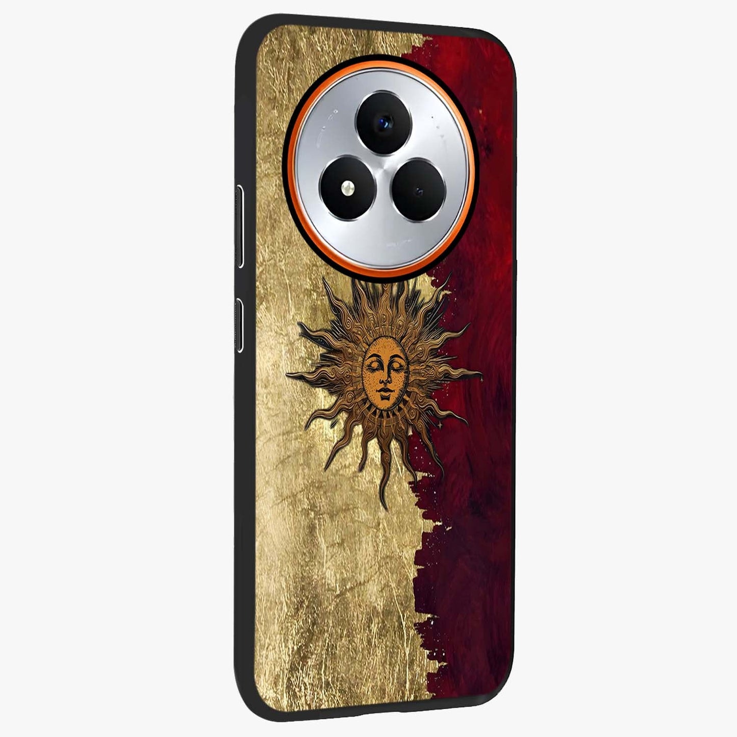 Crimson Sun Majesty Glass Case upright view showcasing vibrant sun artwork with powerful celestial theme.