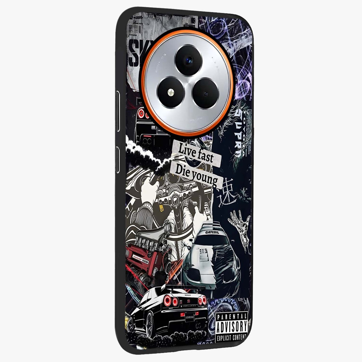 Die Young Glass Case upright view showcasing striking typography artwork with modern statement theme.