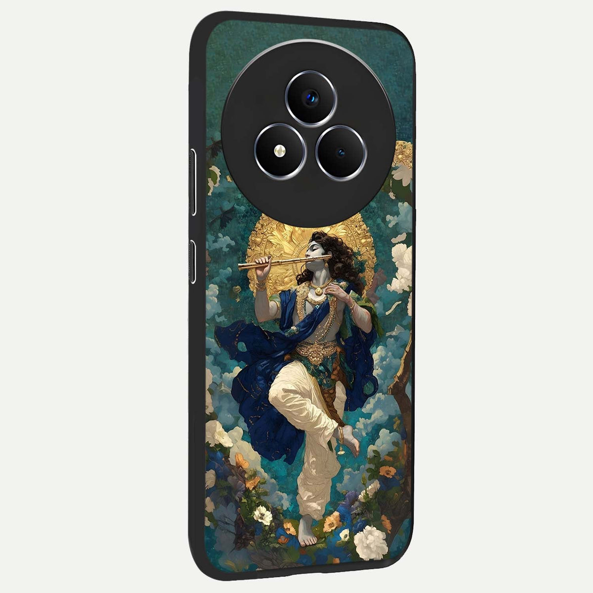 Divine Krishna Art Glass Case upright view showcasing divine Krishna artwork with sacred artistic theme.
