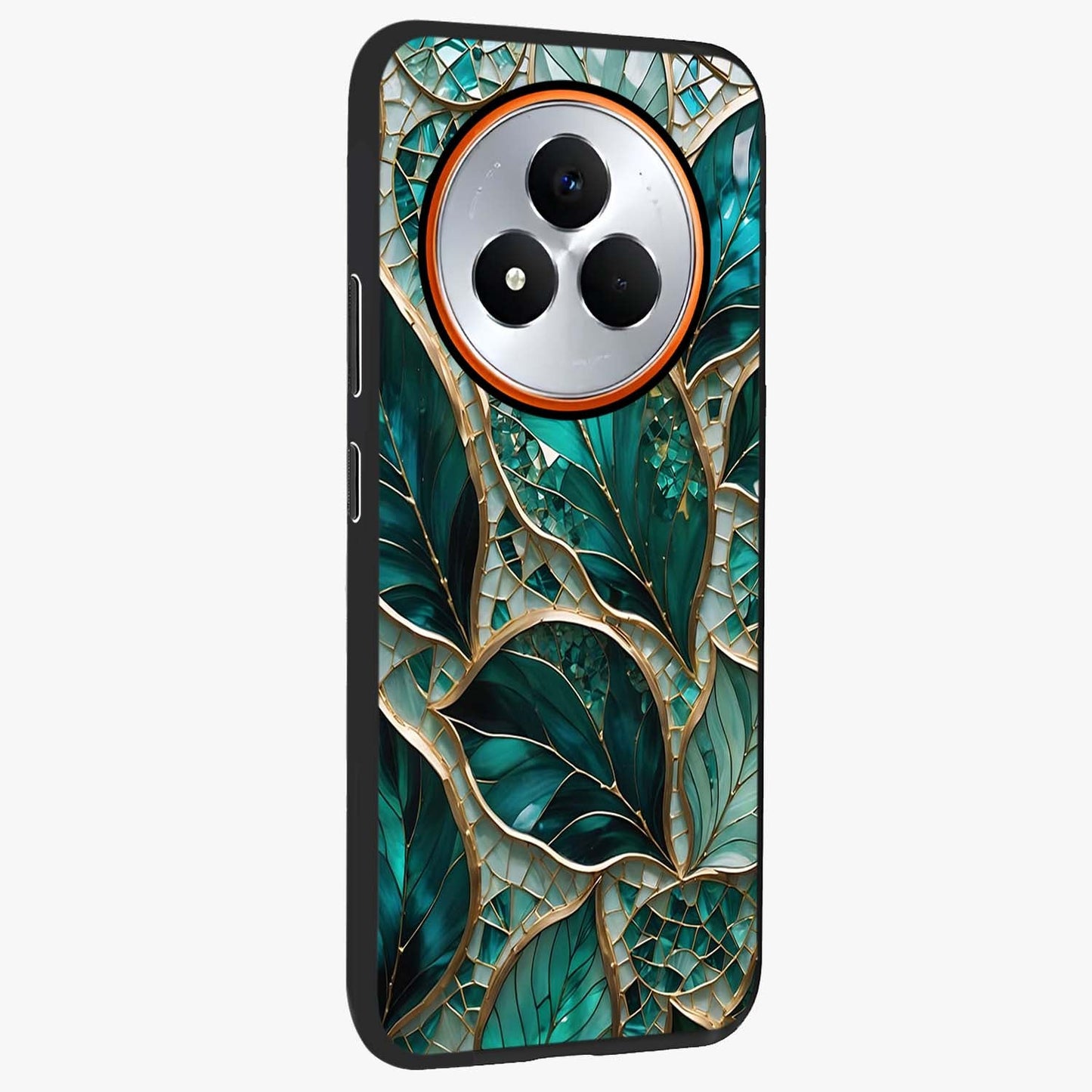 Emerald Leaf Glass Glass Case upright view showcasing fresh green leaf artwork with calming nature inspired style.