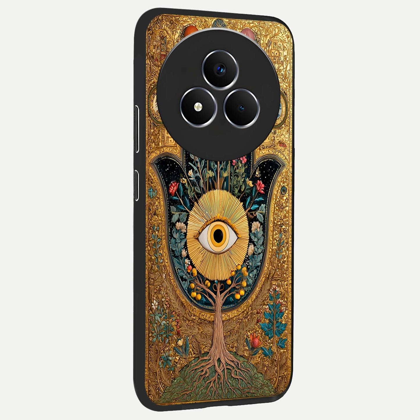 Ethereal Evil Eye Glass Case upright view showcasing celestial evil eye artwork with mystical theme.