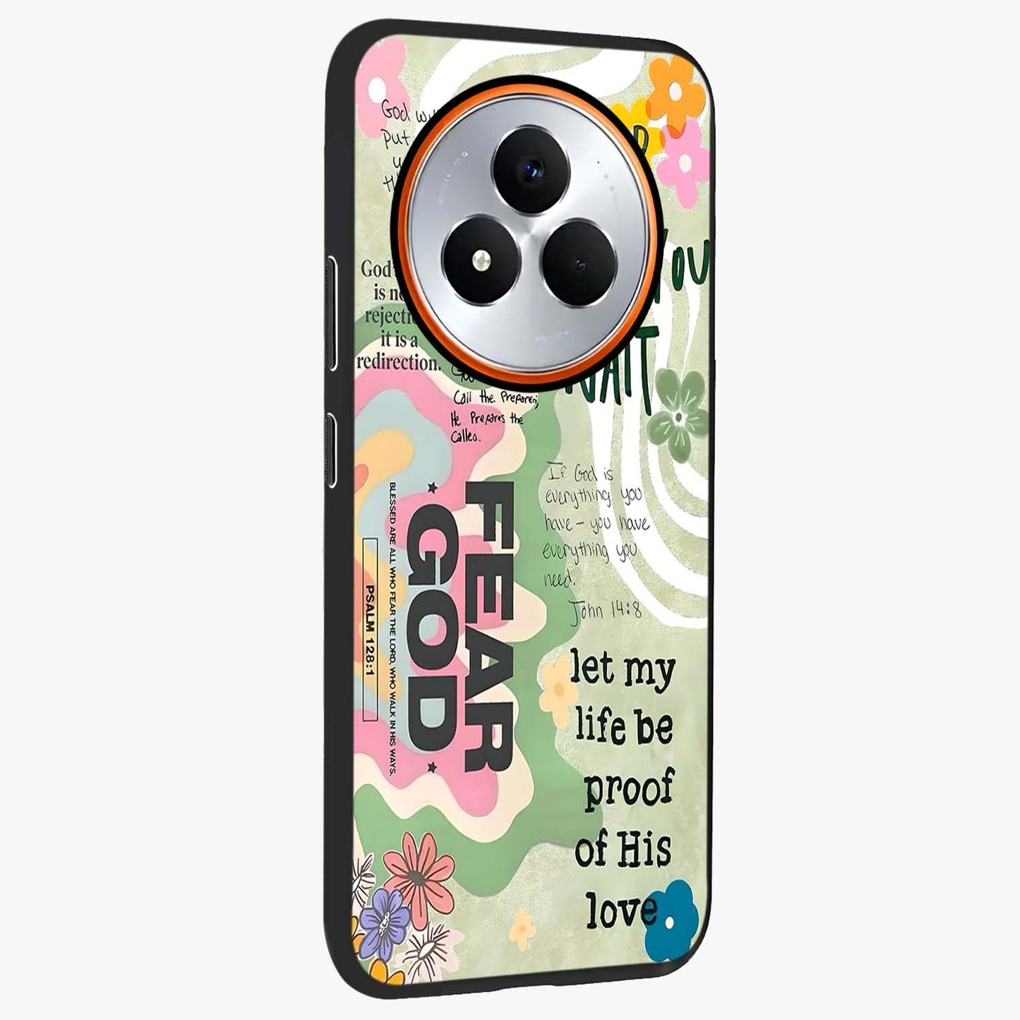 Faith Over Fear Glass Case upright view showcasing bold typography artwork with uplifting motivational theme.