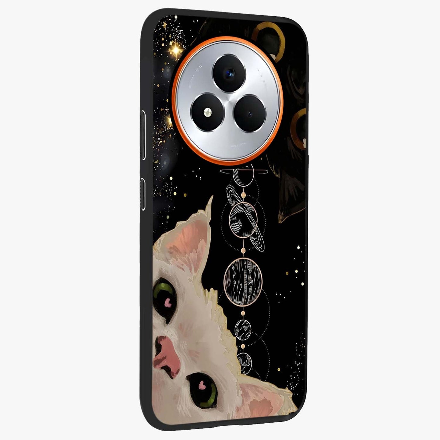 Galactic Cat Glass Case upright view showcasing mystical cat artwork with dreamy cosmic theme.