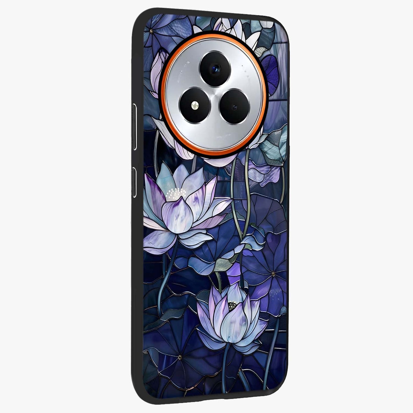 Gloss Petal Rush Glass Case upright view showcasing dynamic floral petal artwork with modern botanical theme.