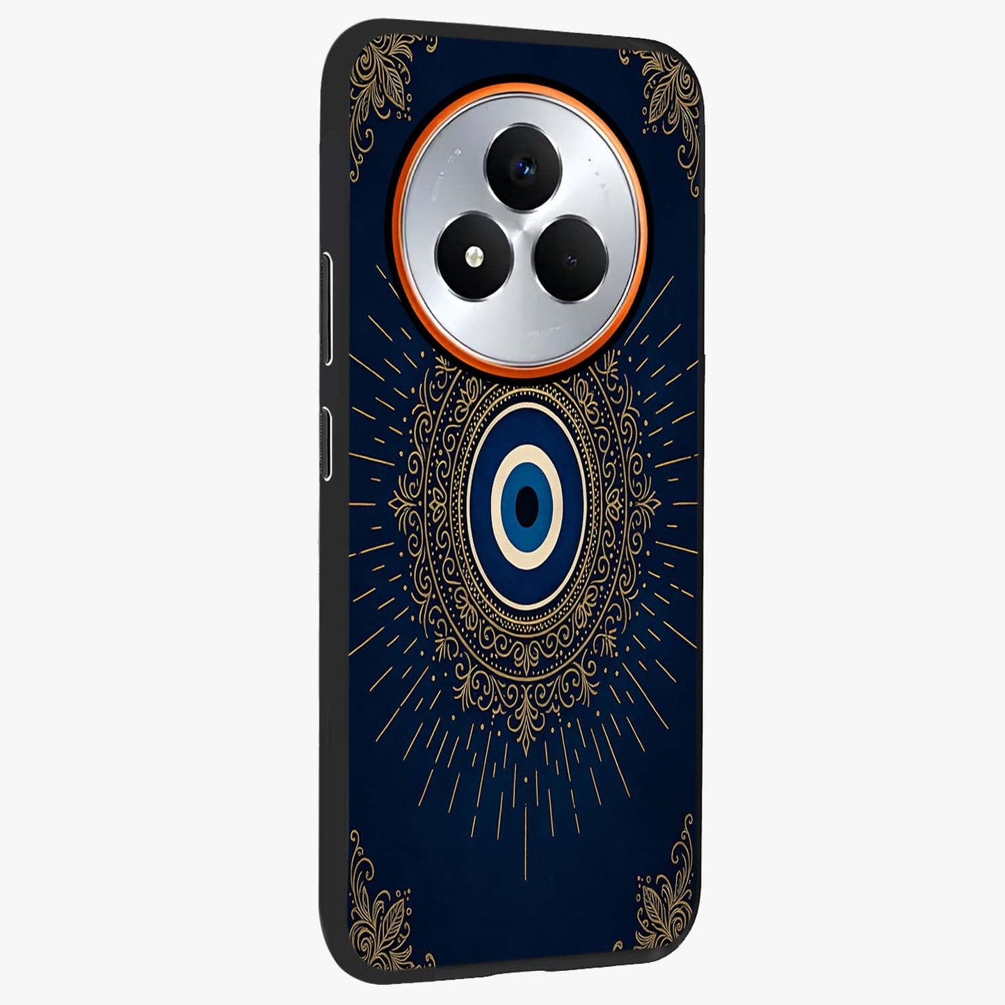 Golden Celestial Charm Glass Case upright view showcasing radiant celestial artwork with elegant golden theme.