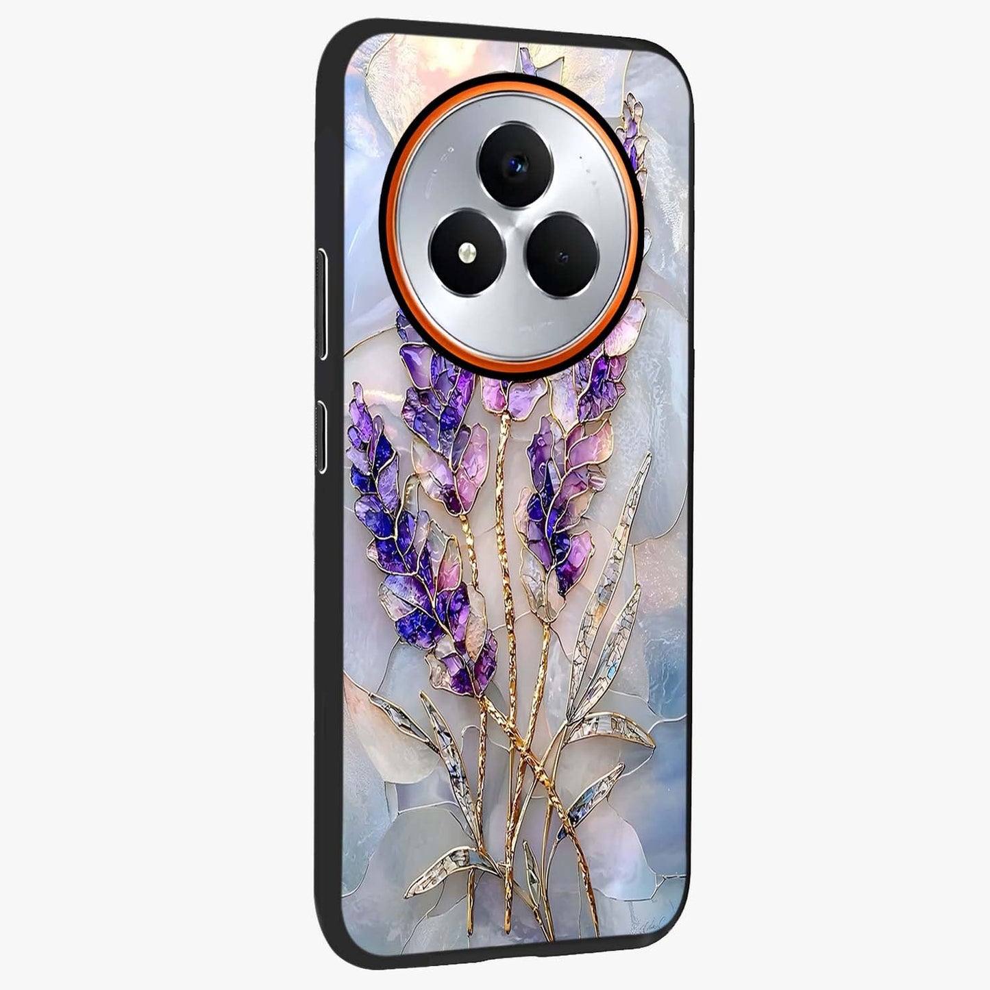Lavender Dream Glow Glass Case upright view showcasing radiant lavender glow artwork with calming dreamy theme.