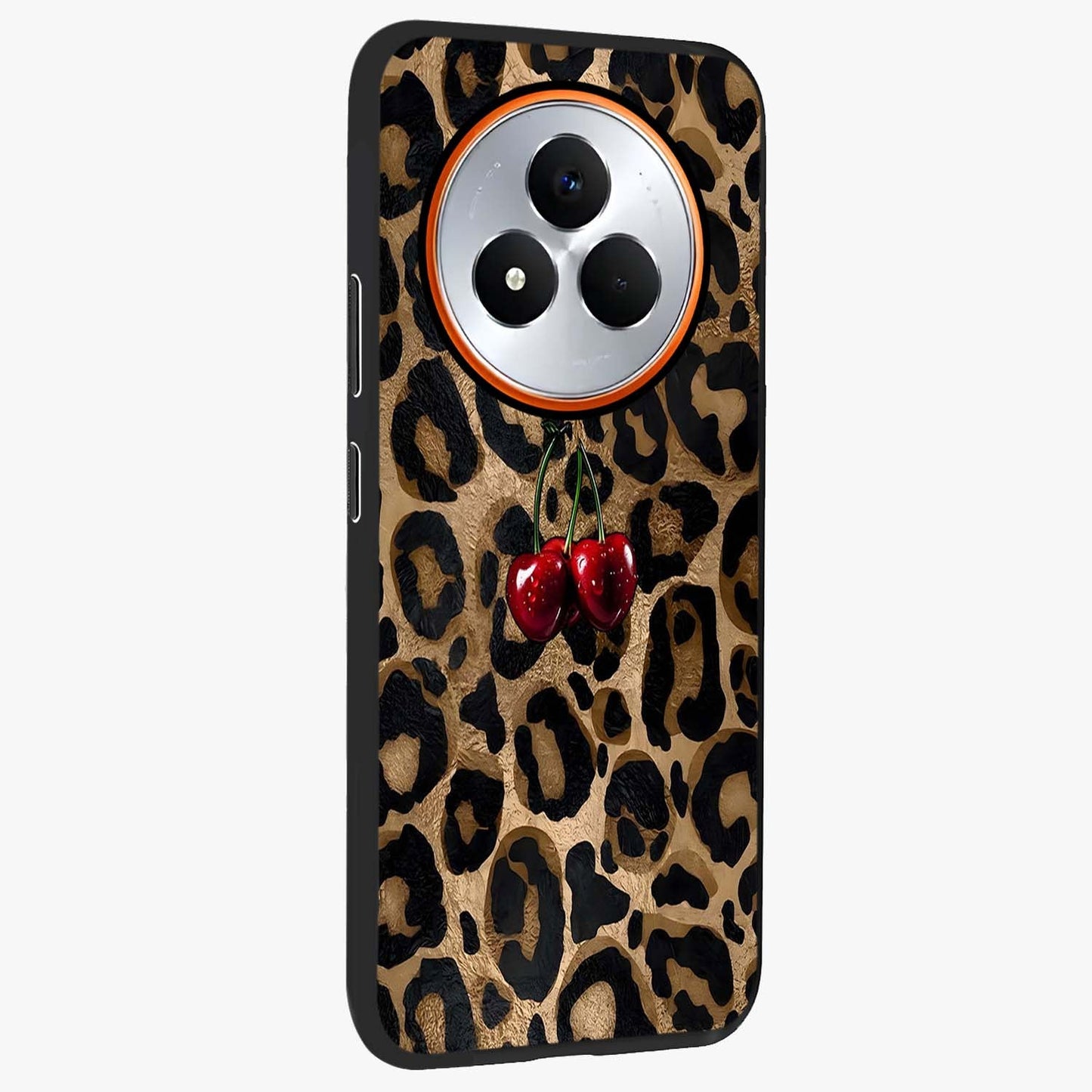 Leopard Wild Cherry Glass Case upright view showcasing stylish leopard pattern artwork with trendy fashion theme.