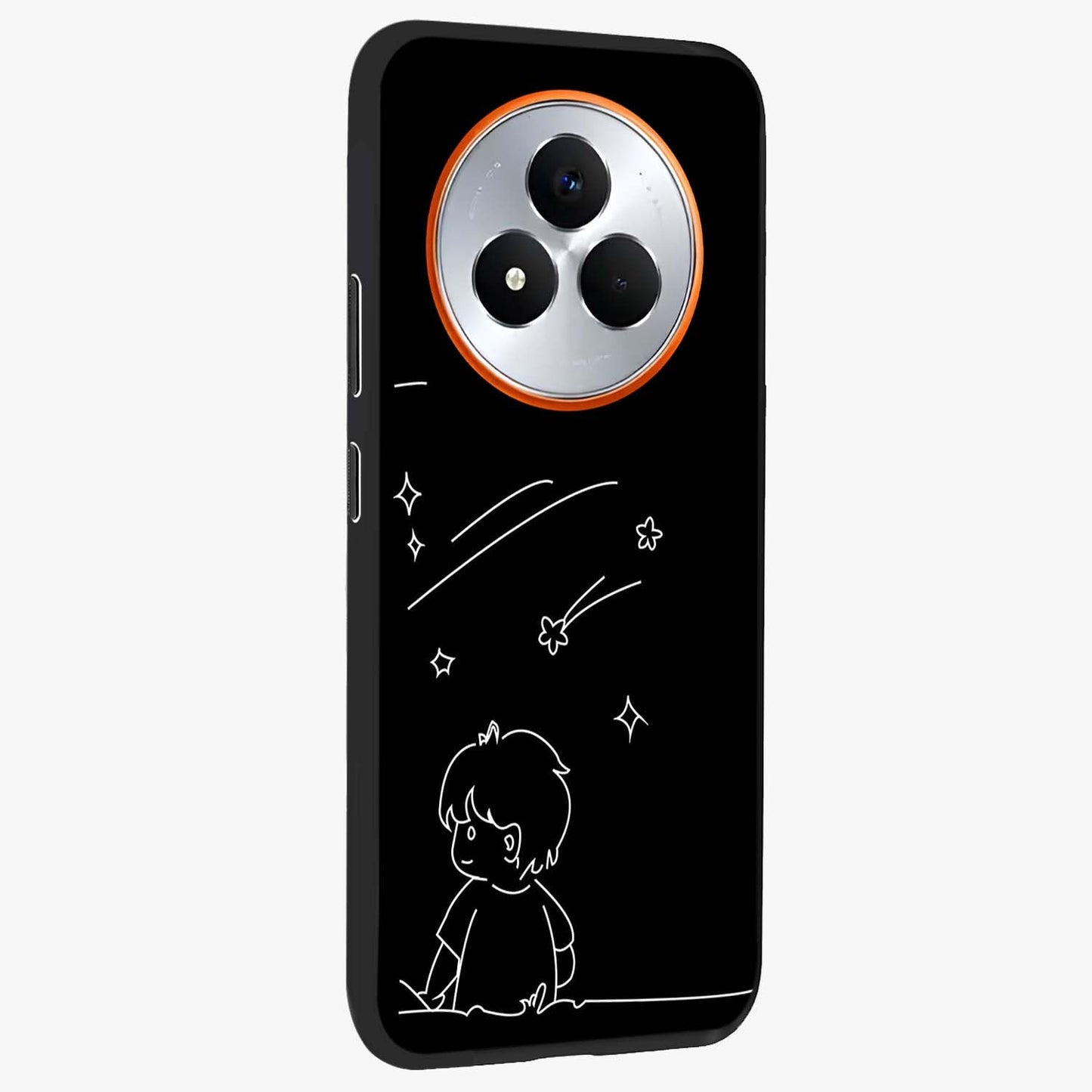 Line Art Boy With Shooting Stars Glass Case upright view showcasing artistic shooting star illustration with minimal style.