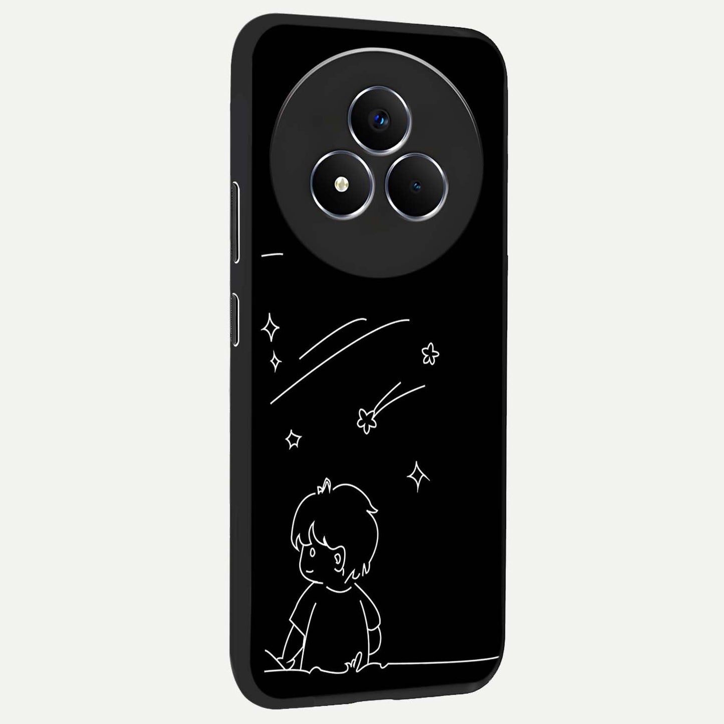 Line Art Boy With Shooting Stars Glass Case upright view showcasing artistic shooting star illustration with minimal style.
