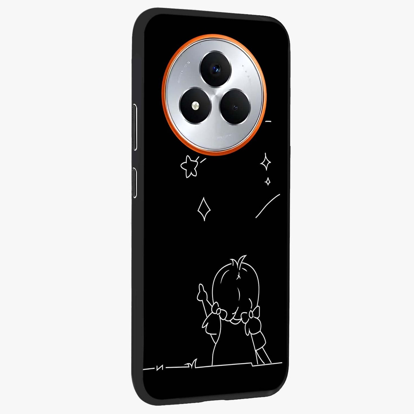 Line Art Girl With Shooting Stars Glass Case upright view showcasing delicate shooting stars artwork with minimal artistic theme.
