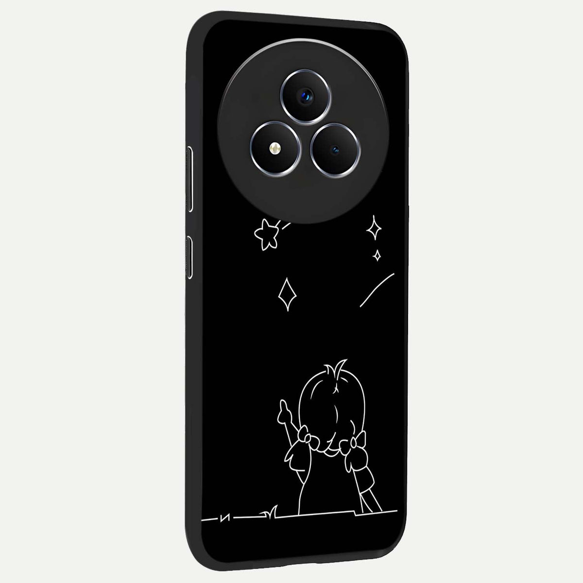 Line Art Girl With Shooting Stars Glass Case upright view showcasing delicate shooting stars artwork with minimal artistic theme.