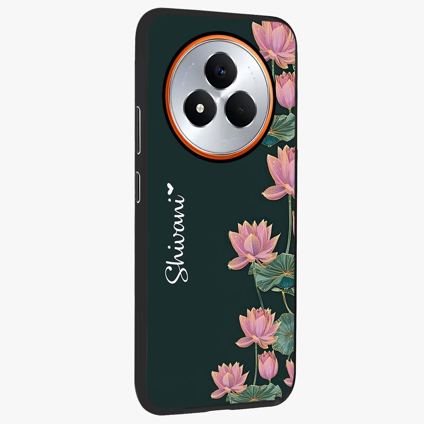 Lotus Bloom Serenity Custom Name Glass Case upright view showcasing serene lotus bloom artwork with personalized floral aesthetic.