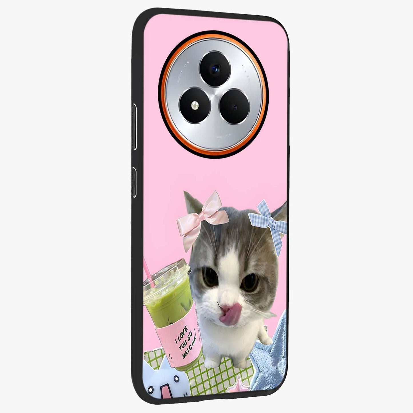 Love Matcha Cat Glass Case upright view showcasing adorable cat artwork with charming matcha themed design.
