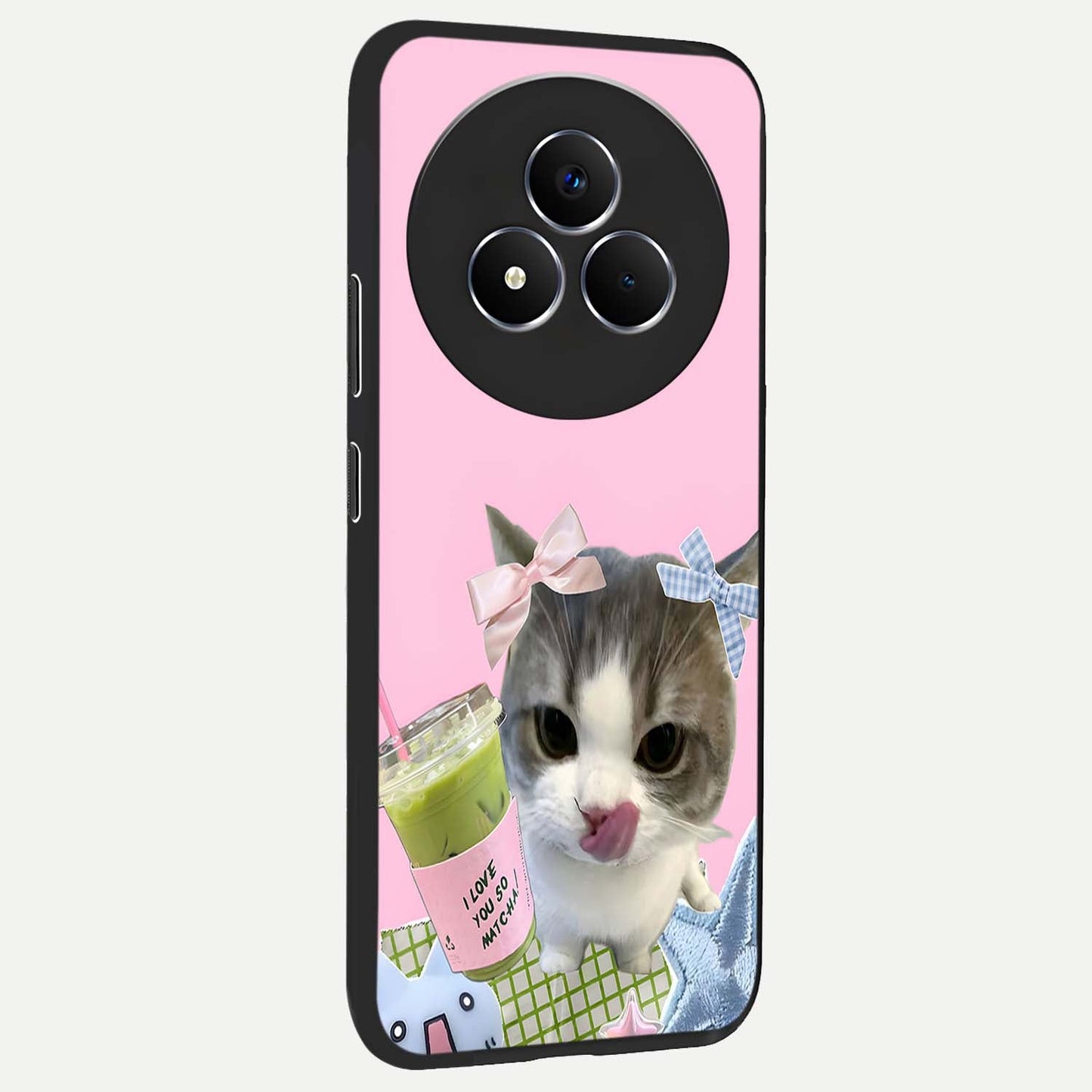 Love Matcha Cat Glass Case upright view showcasing adorable cat artwork with charming matcha themed design.