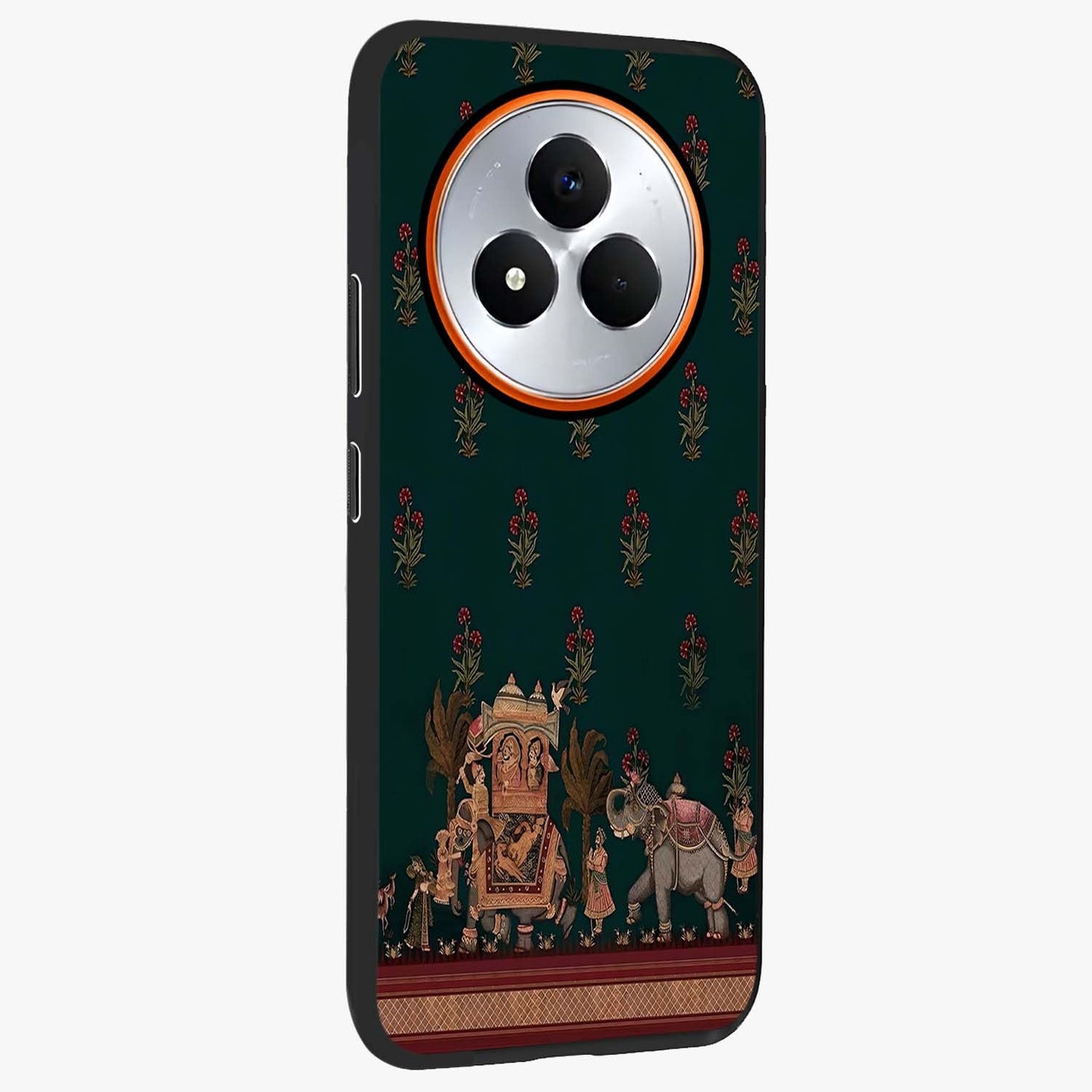 Macmerise Glass Case upright view showcasing bold artistic artwork with contemporary design theme.